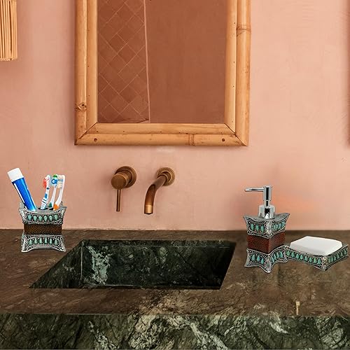Miniatura 4 de Juego de baño rústico de 3 piezas de piel sintética de resina decorativa con gema turquesa, botella de bomba, soporte para cepillos de dientes y