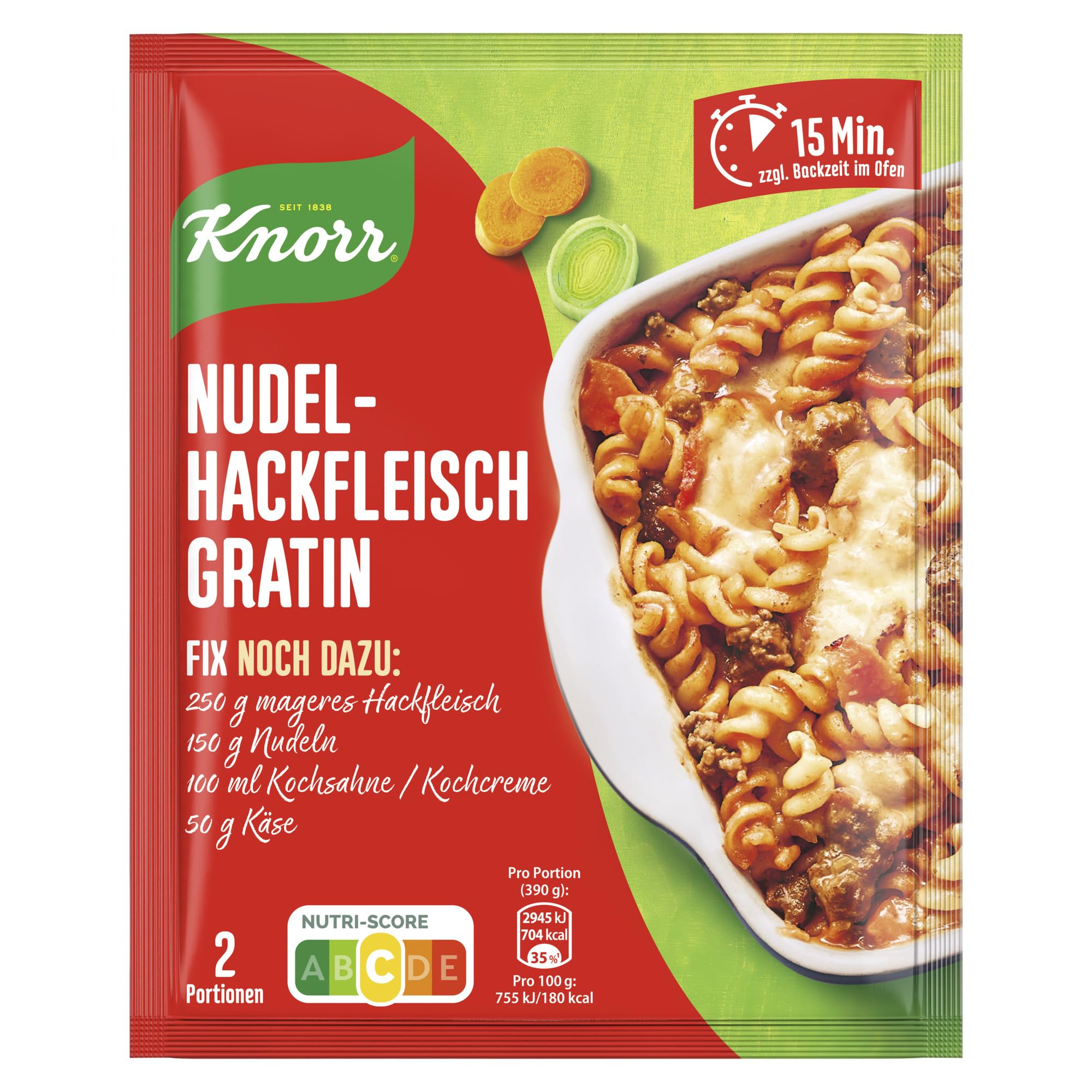 Knorr Fix Nudel-Hackfleisch Gratin für einen leckeren Nudelauflauf ohne geschmacksverstärkende Zusatzstoffe 2 Portionen