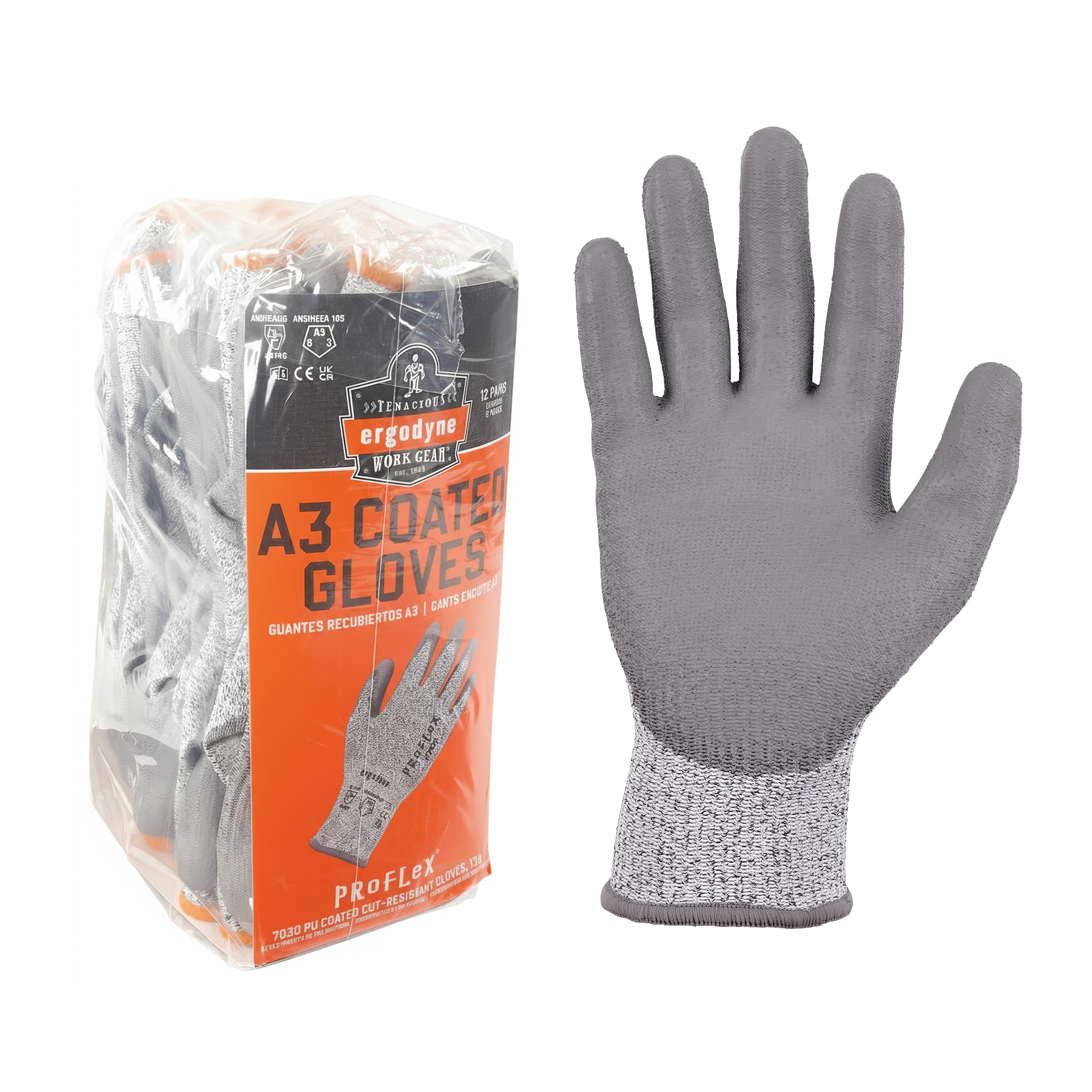 Ergodyne ProFlex 7030 Cut Resistant Work Gloves, ANSI A3, PU Coated Palms for Flexible No Slip Grip, Abrasion Resistant, 13g, 12-Pairs
