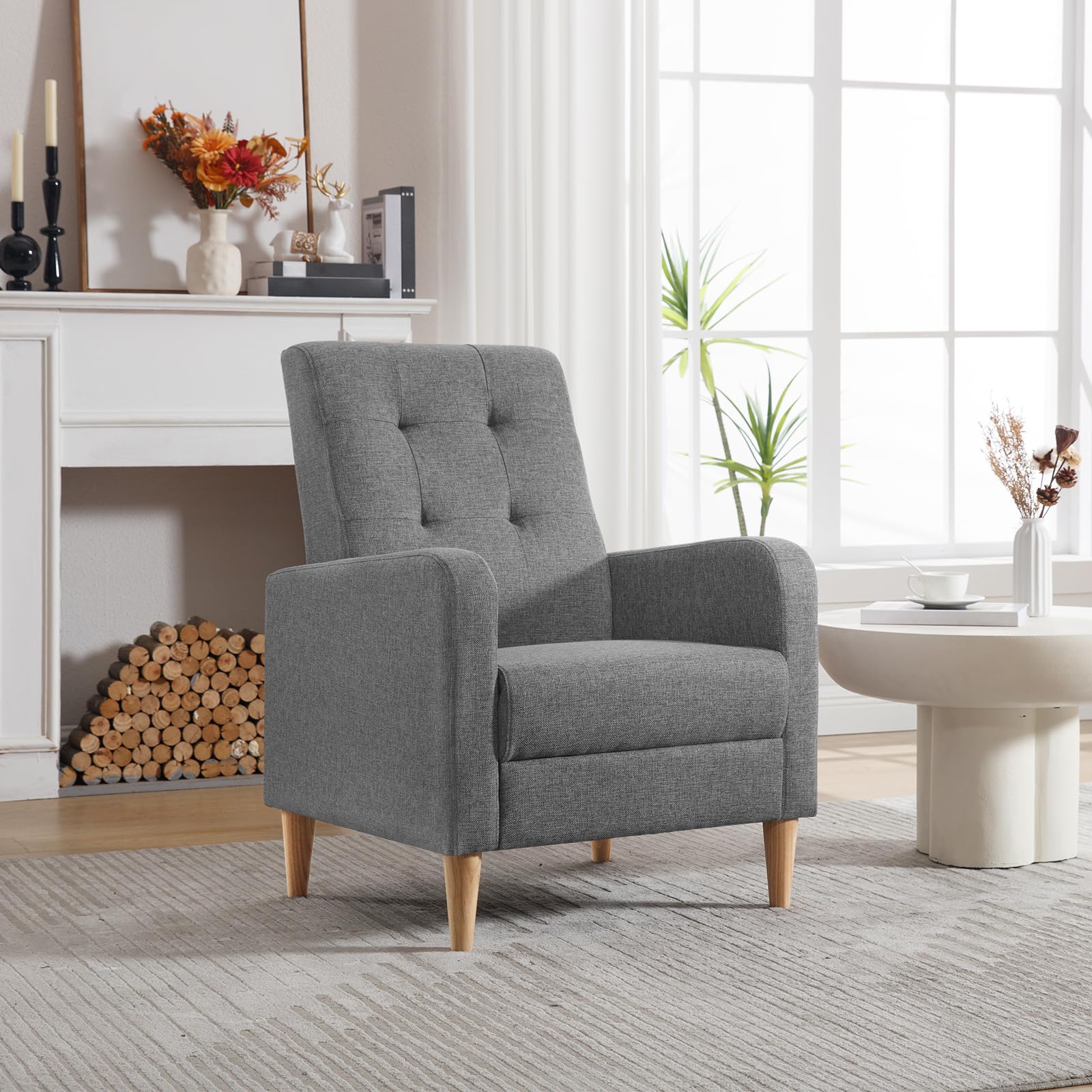 WOLTU Fauteil Salon, Fauteuil Relax à Dossier Haut, Chaise de Relaxation avec Pieds en Bois Massif, Accoudoirs, Siège Rembourré, Revêtement en Lin, pour Salon, Bureau, Gris Foncé, SKS41dgr