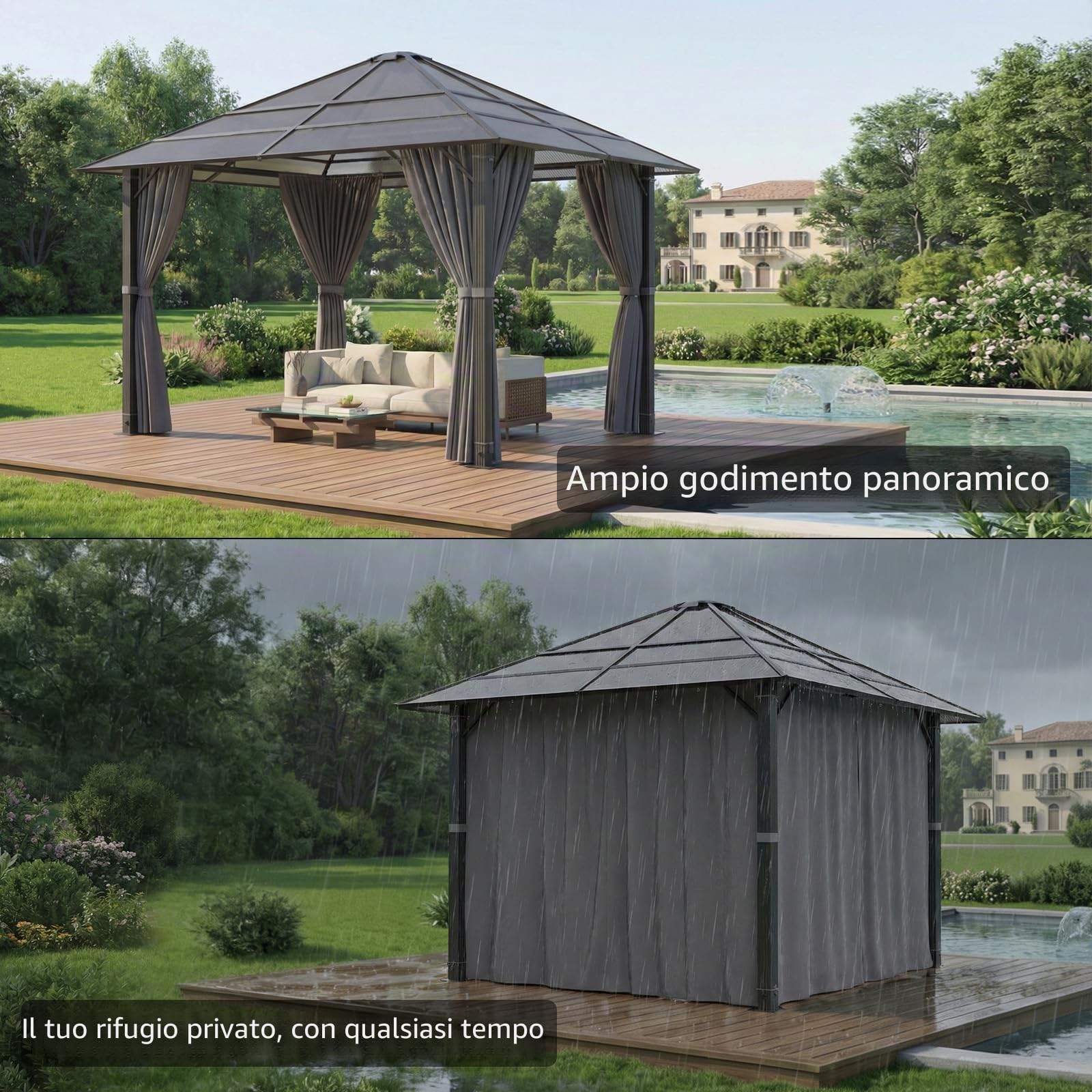 JUMMICO Padiglione da Giardino 3x3m in Alluminio con Tetto Fisso - Design per Ombreggiatura di Giorno e Atmosfera Luminosa di Sera - Stabile e Resistente alle Intemperie