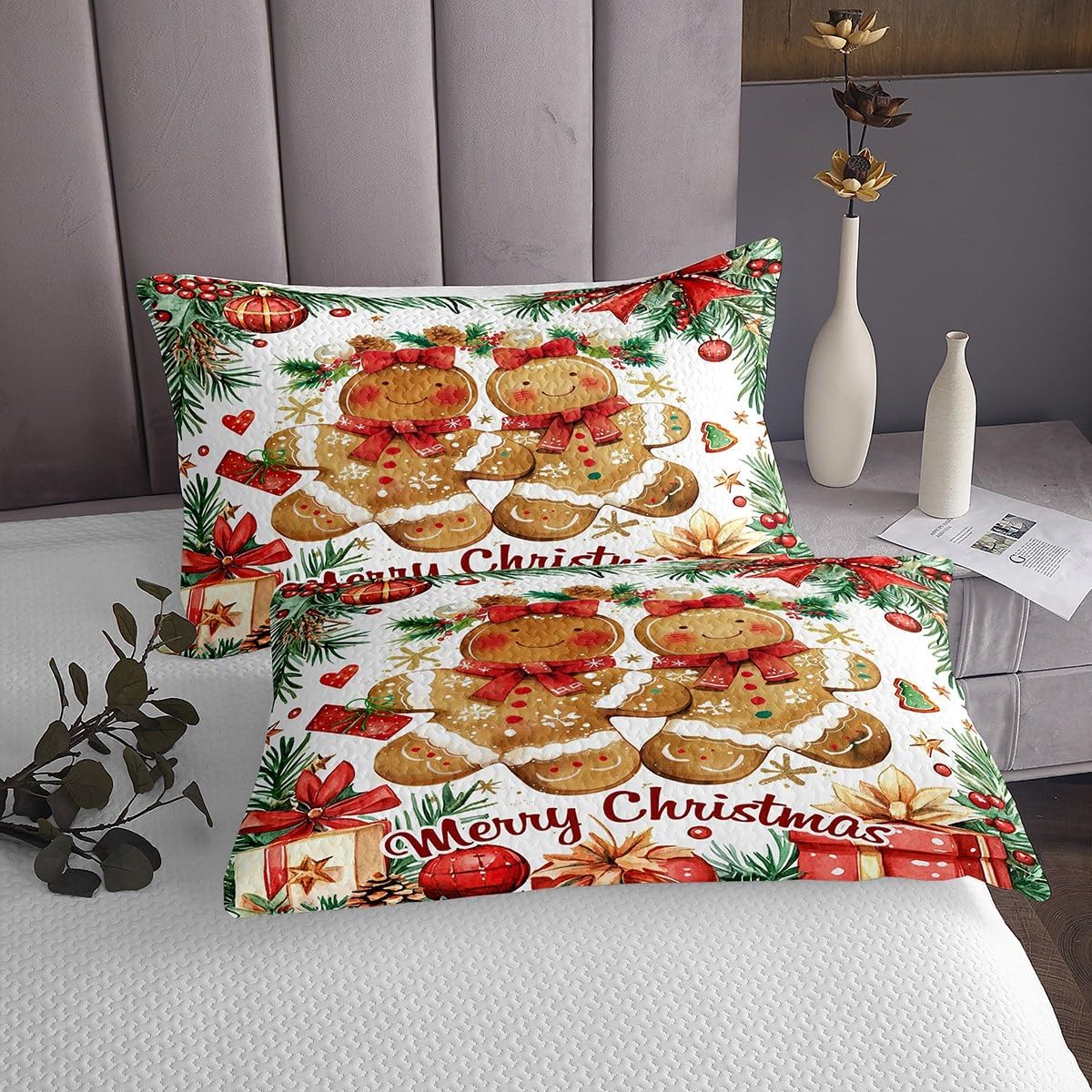Erosebridal Gingerbread Man Quilt Set Queen Size for Kids Teens Adults,Merry Christmas Coverlet Set,Happy New Year Bedspread Set,Kawaii Red Bow Bed Cover Bedroom Decor