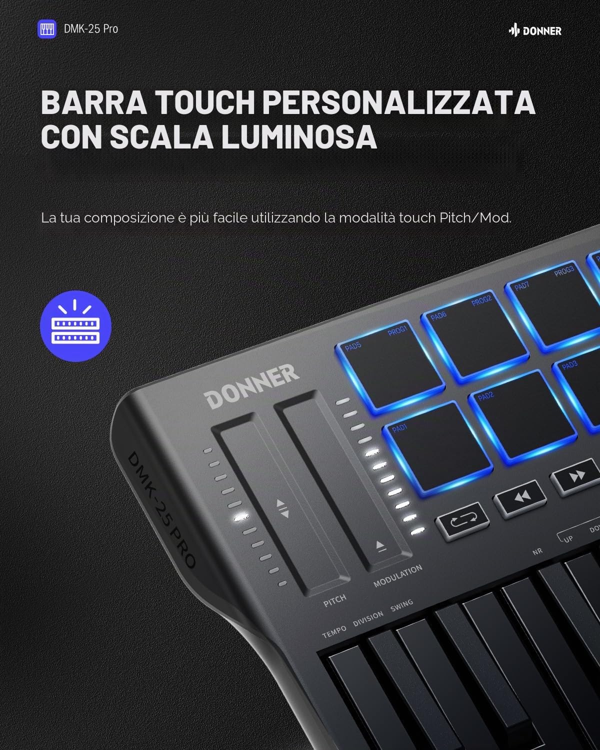 Donner Controller Tastiera MIDI USB-C, Tastiera MIDI Mini Portatile a 25 Tasti con 8 Drum Pad, Display OLED, 16 Scale Smart, Arpeggio, Replay, 4 Software DAW e 40 Corsi Didattici, DMK 25 Pro Nero