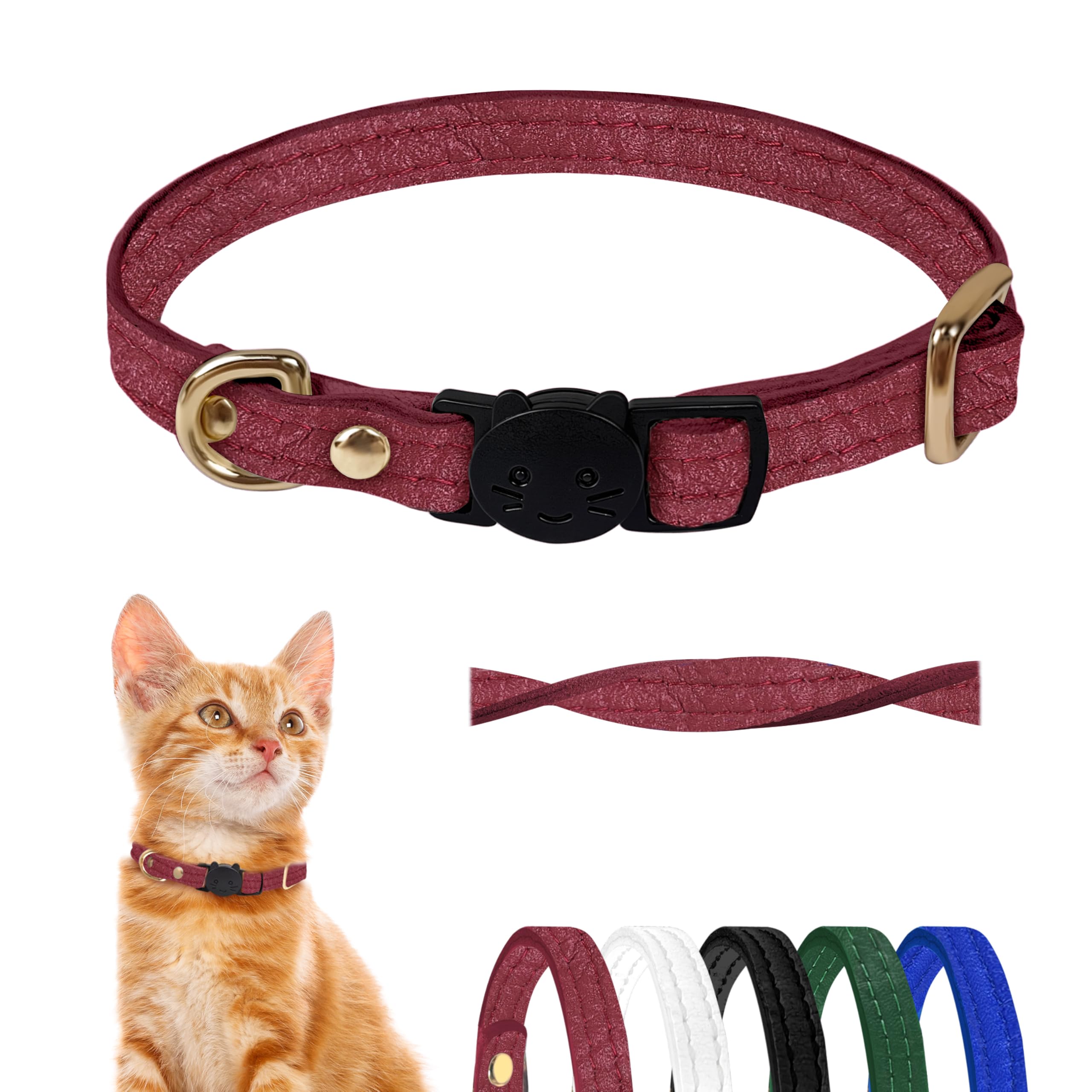 Collar Gato Cierre Seguridad - Piel Auténtica - con Hebilla y Anillo en D de Metal - Liberación Rápida - Resistente, Ajustable y Antirestrangulamiento - para Animales Pequeños (Rojo Intenso, 19-28 cm)
