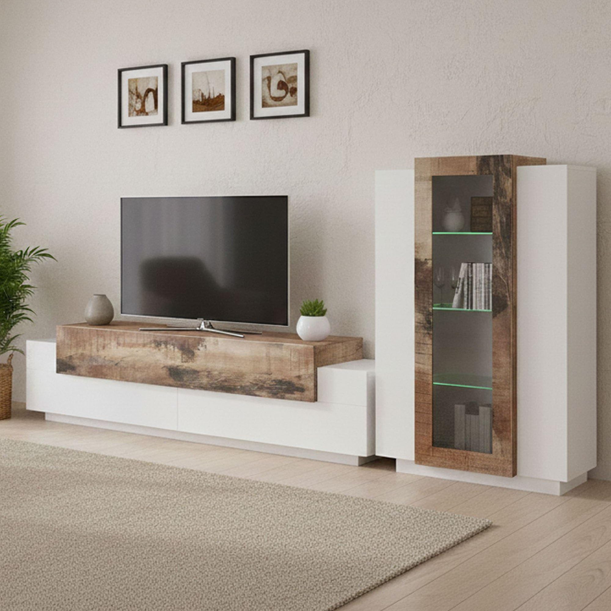 Dmora Parete Attrezzata Mirko 45x280x121h cm Bianco Lucido Modulabile 12 Ripiani, 14 Vani Made in Italy