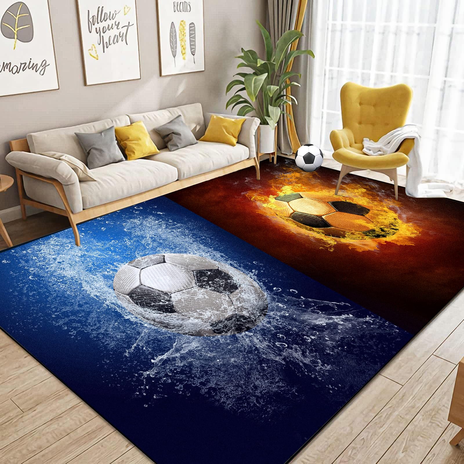 Dai Lufei Football Rug - Stadium Ice Fire Flames Printed Large Area Rug 3D Sports Field Floor Mat - 80 x 120 cm