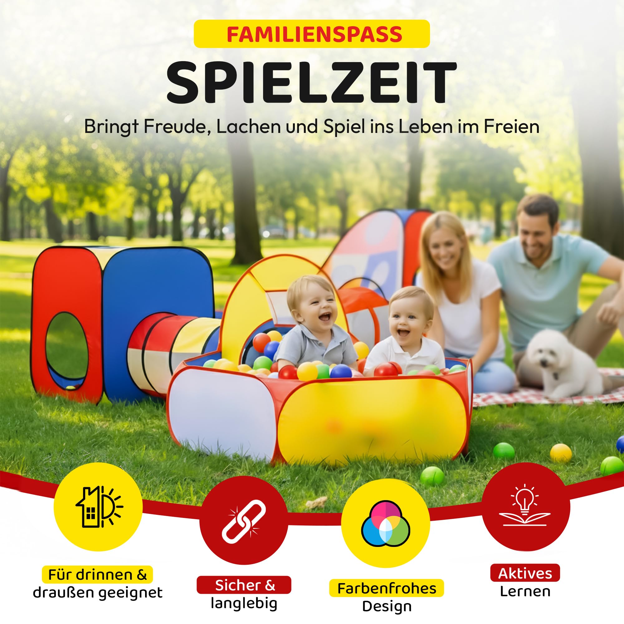 all Kids United® Spielzelt mit Tunnel, Bällebad, Krabbel-Tunnel & mehr (ohne Bälle) XXL Spielland 5-teiliges Pop-Up Spiel-Haus mit Tasche