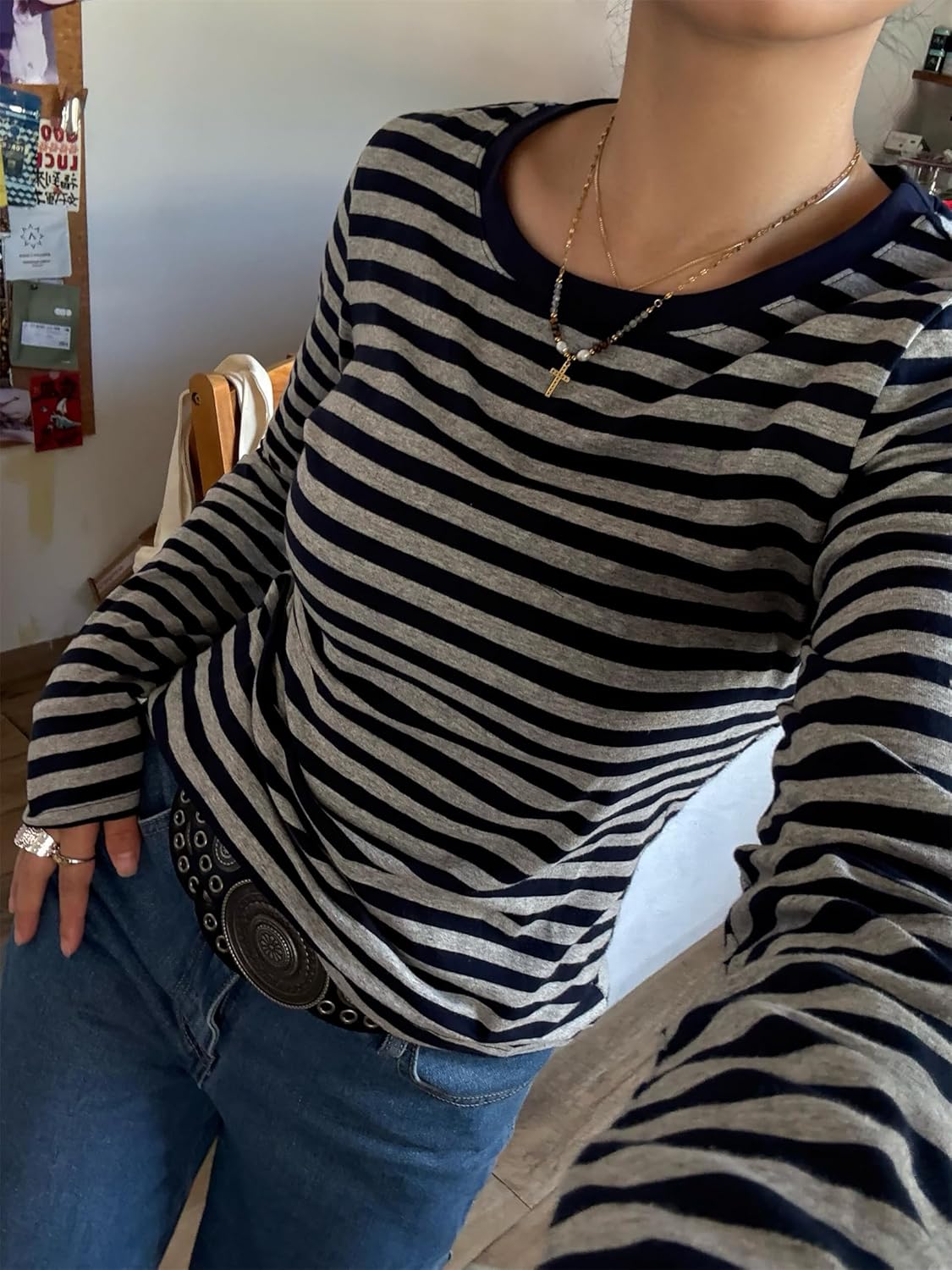 Women Y2k Long Sleeve Striped Tee Vintage Aesthetic Crewneck Slim Fitted T Shirt Casual Fall Going Out Top Streetwear - Image 4