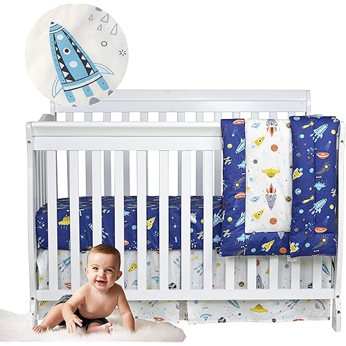Brandream Baby Boys Crib Bedding Sets Outer Space Rocket Planet Astronaut Nursery Bedding Set,3 Piece Baby Newborn Crib Comforter Sets 100% Cotton, Navy/White