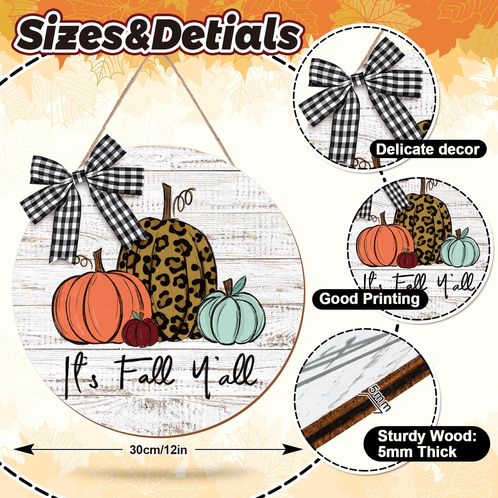 Whaline Fall Pumpkin Wooden Door Sign It's Fall Y'all Front Door Decor with Bow Thanksgiving Autumn Wood Door Hanger Rustic Farmhouse Hanging Sign for Autumn Harvest Holiday Home Office Window