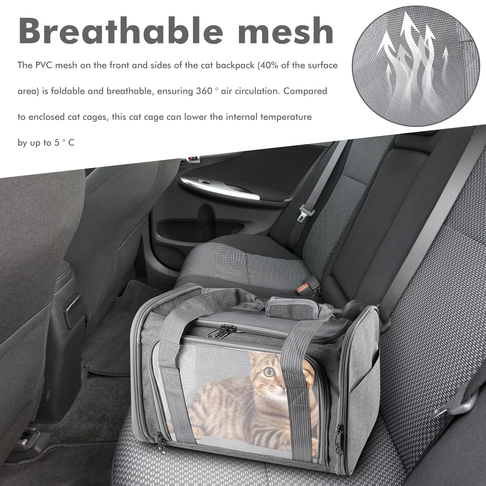 Bolsa de transporte plegable para gatos, con correa para el hombro, ligera, transpirable y apta para aviones, para animales pequeños de hasta 3 kg (gris, 40 x 25 x 25 cm), para viajes