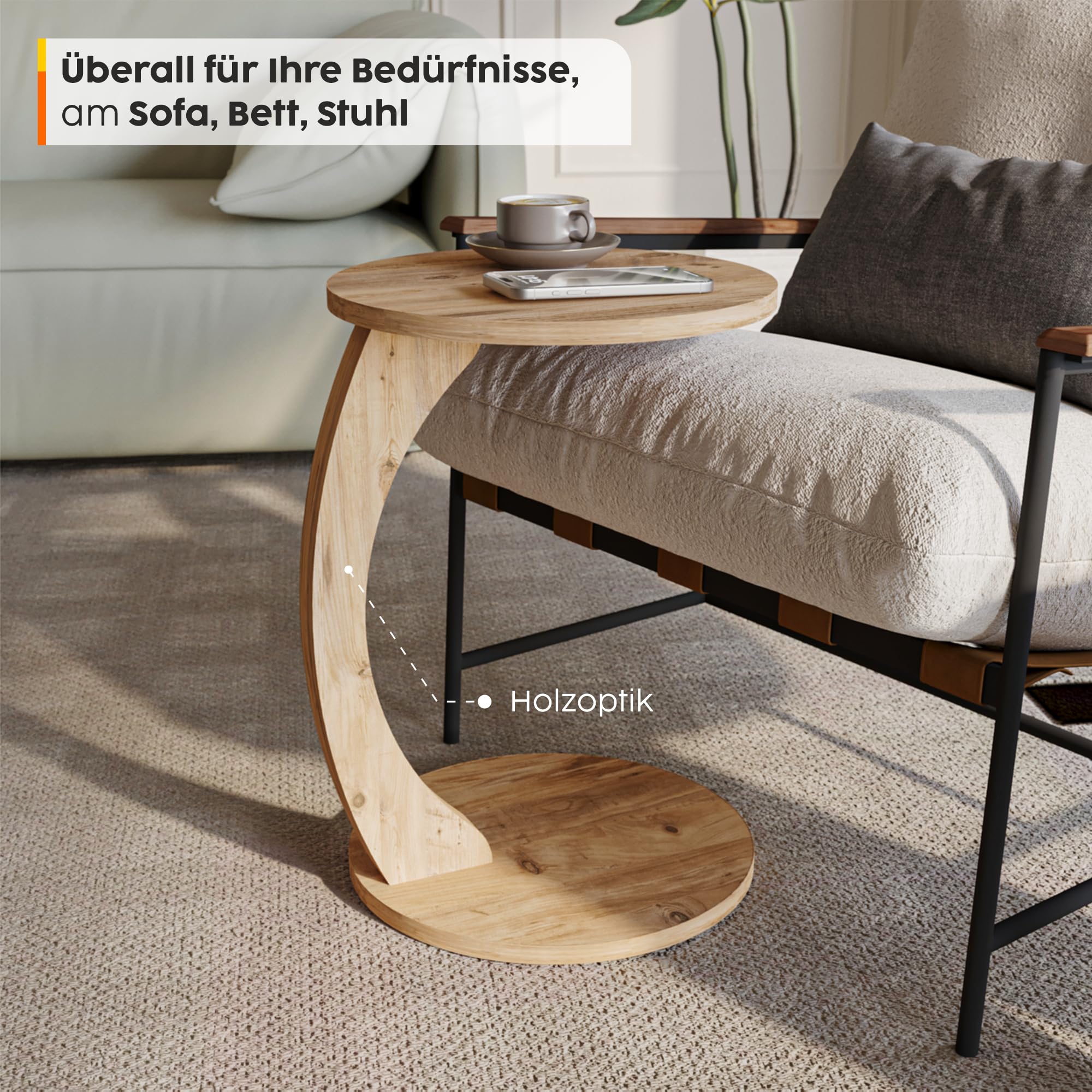 Sugodesign Salontafel Met Wieltjes C-Vorm - Stijlvolle Ronde Bijzettafel Zand-Beige Voor Bank En Sofa