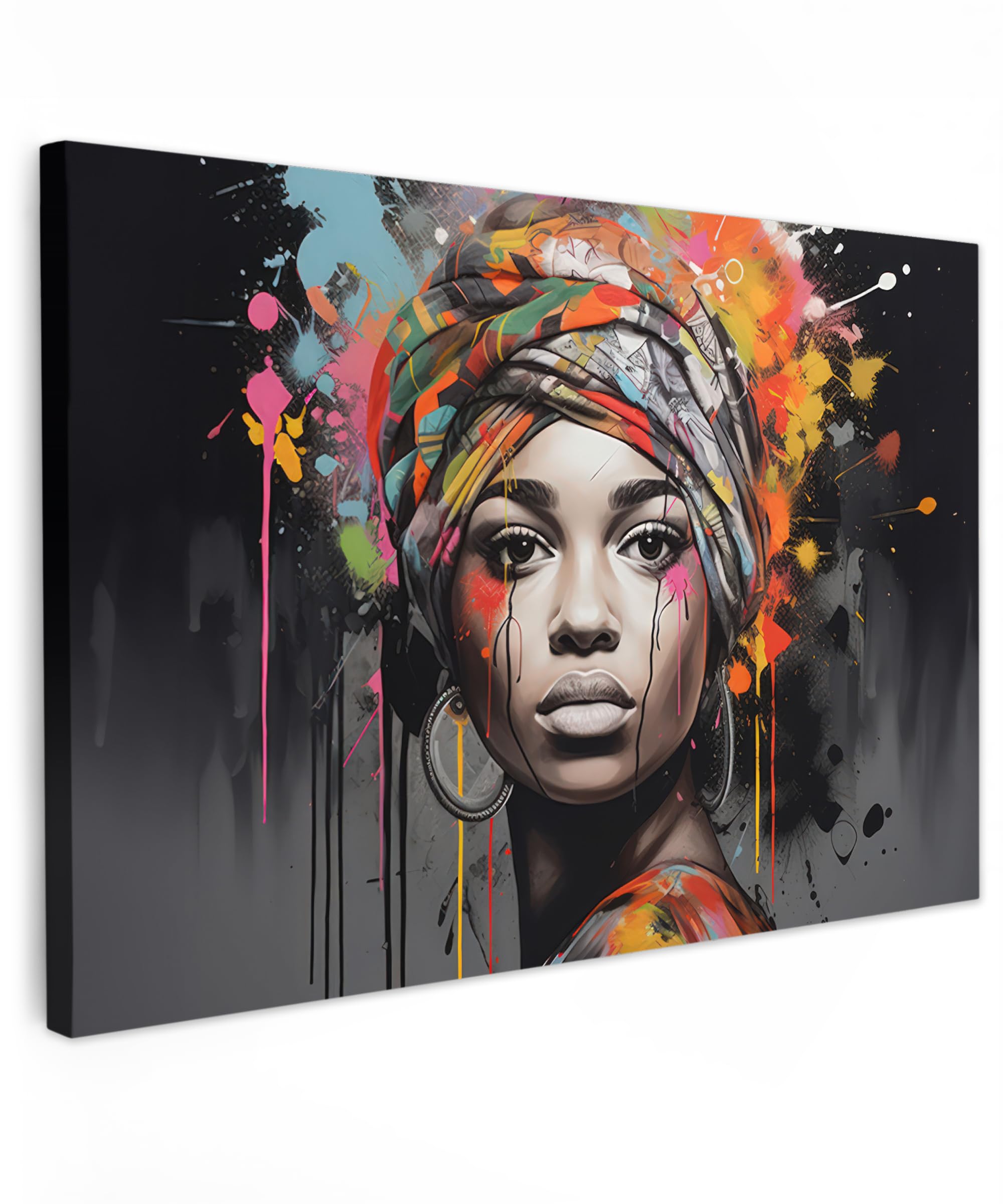 MuchoWow© Cuadros Salon Modernos 120x80 cm Adornos Pared Decorativos Dormitorio Lienzo Pinturas Quadro Decoración Mujer - Pañuelo - Graffiti - Negro