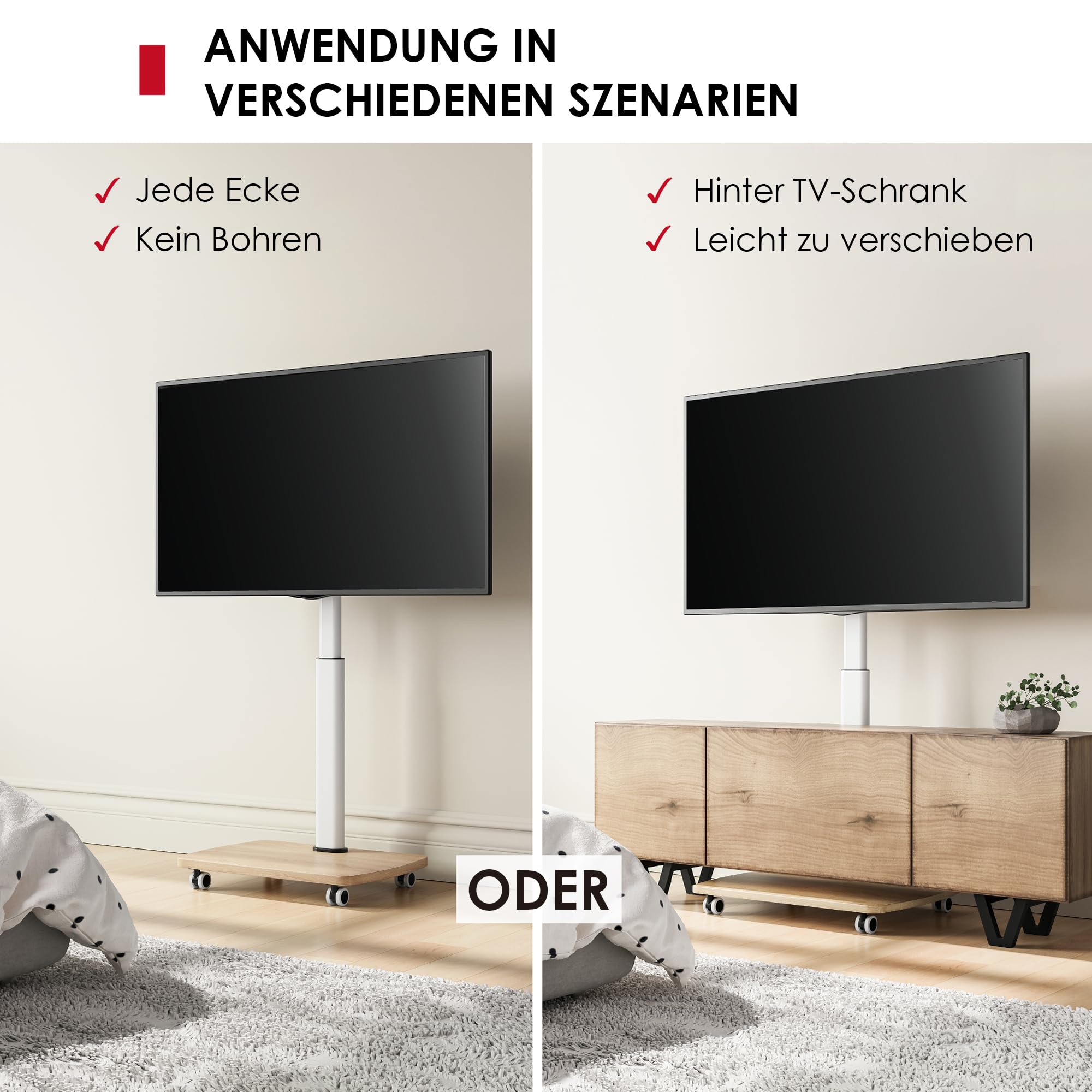 AOKCOS TV Ständer Rollbar mit Holzablage, Fernsehständer auf Rollen für 32-65 Zoll, Höhenverstellbar Schwenkbar, bis 40 kg, VESA 400x400mm (Weiß+Natur)