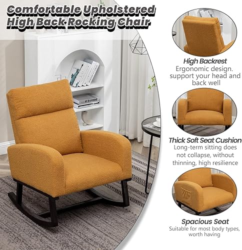 Miniatura 6 de HOMYKA Mecedoras para guardería, mecedora de peluche para mamá y bebé con respaldo alto, bolsillo lateral y patas de madera extendidas para