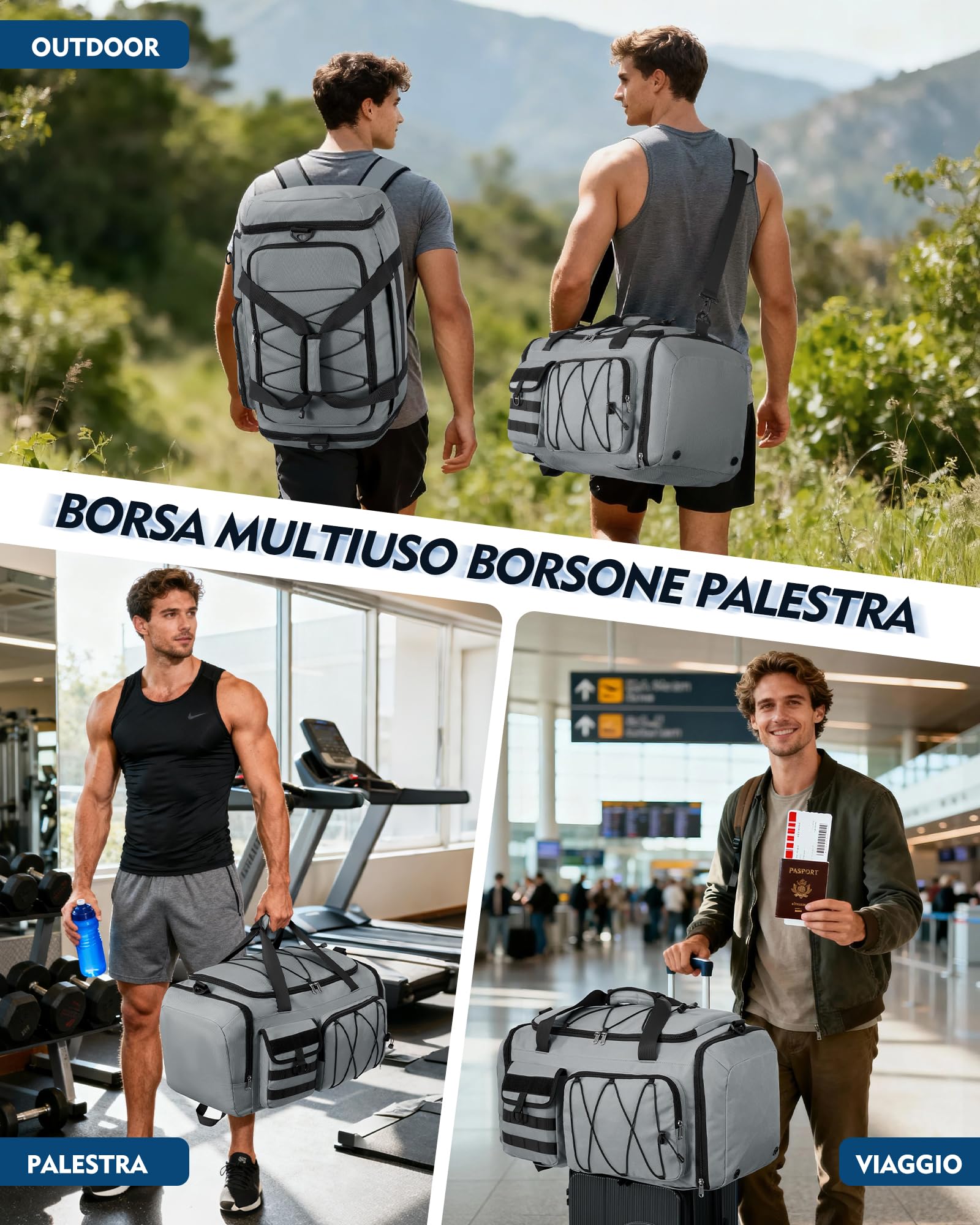 RAINSMORE 45L Borsone Palestra Uomo Donna 3 in 1 Trasformabile in Zaino Borsone da Viaggio con Scomparto Scarpe e Tasca Umida Borsa Sportiva per Fitness Nuoto Yoga Weekend Grigio