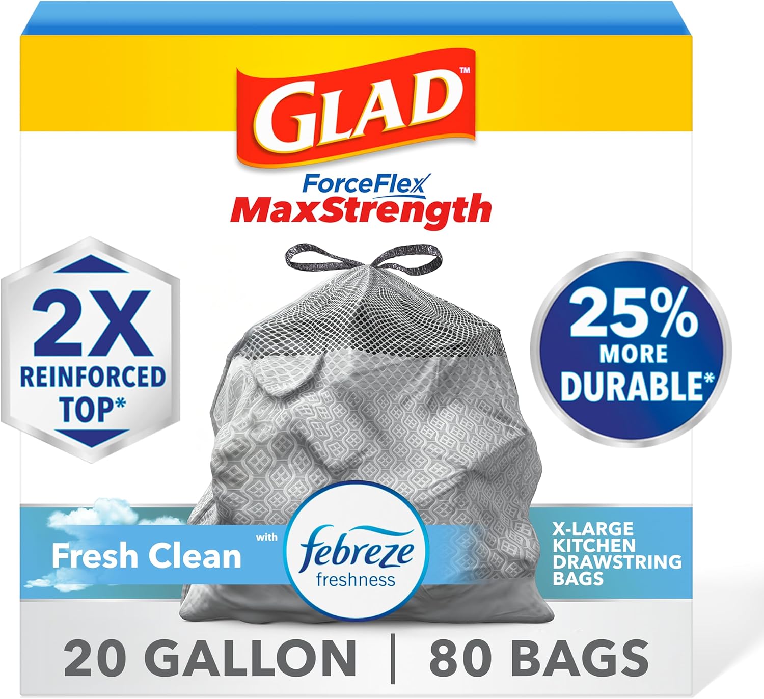 Glad ForceFlex MaxStrength Kitchen Trash Bags, 20 Gal, Fresh Clean Febreze, 80 Ct (Package May Vary) 80 Count (Pack of 1)