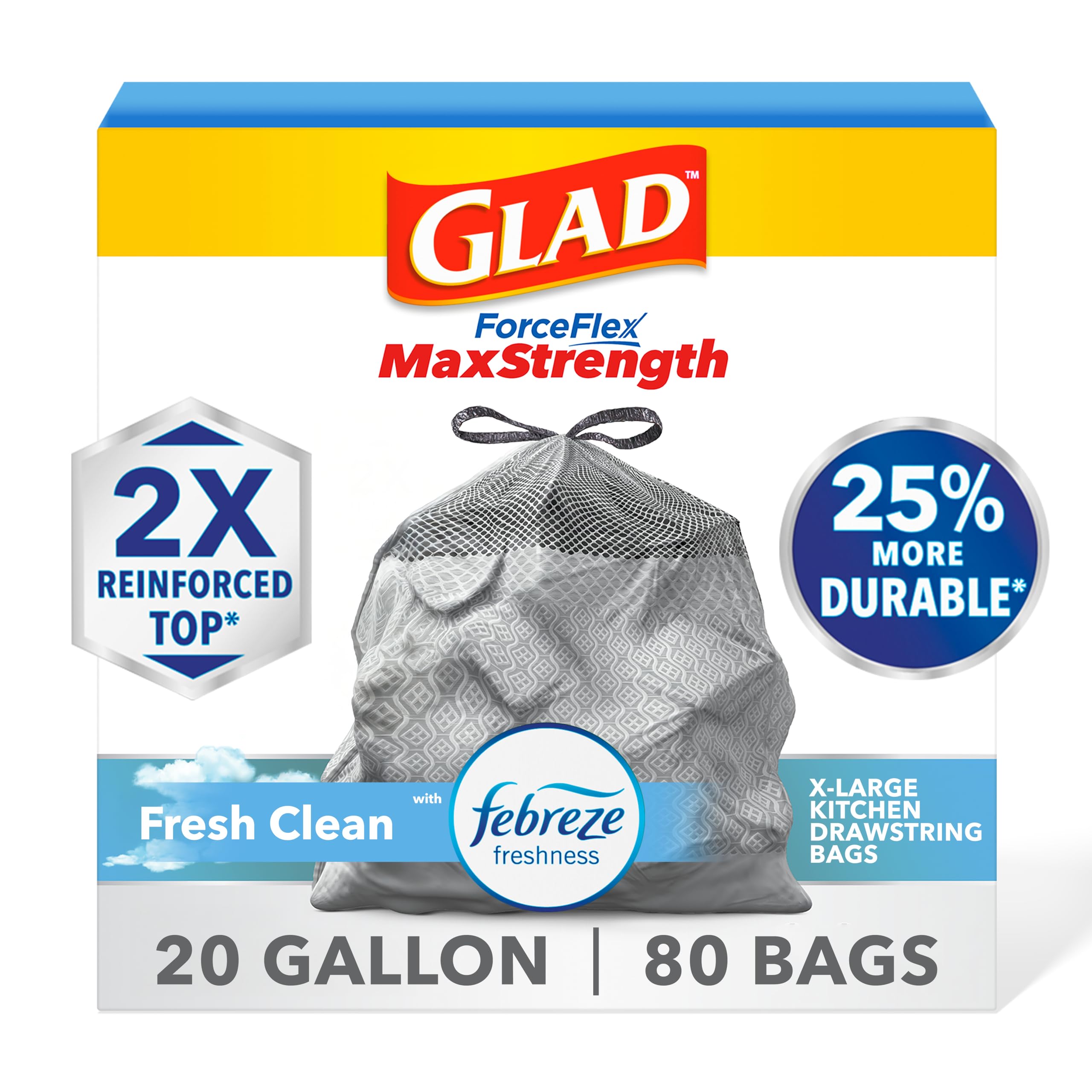 Glad Tall Kitchen Trash Bags 20 Gallon, XL MaxStrength Febreze Fresh Clean Garbage Bags, Drawstring, 80 Count