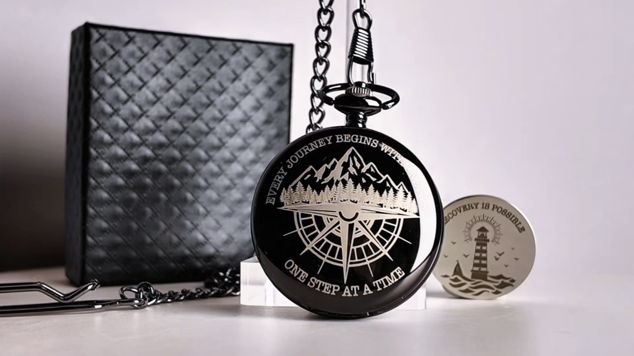 Sobriety Gifts Men, One Step at A Time Gifts Pocket Compass Black, Sobriety Pocket Token, Alcoholics Anonymous Gift, Inspirational Recovery Gift for Men from Addiction, Sober Gifts for Him Husband