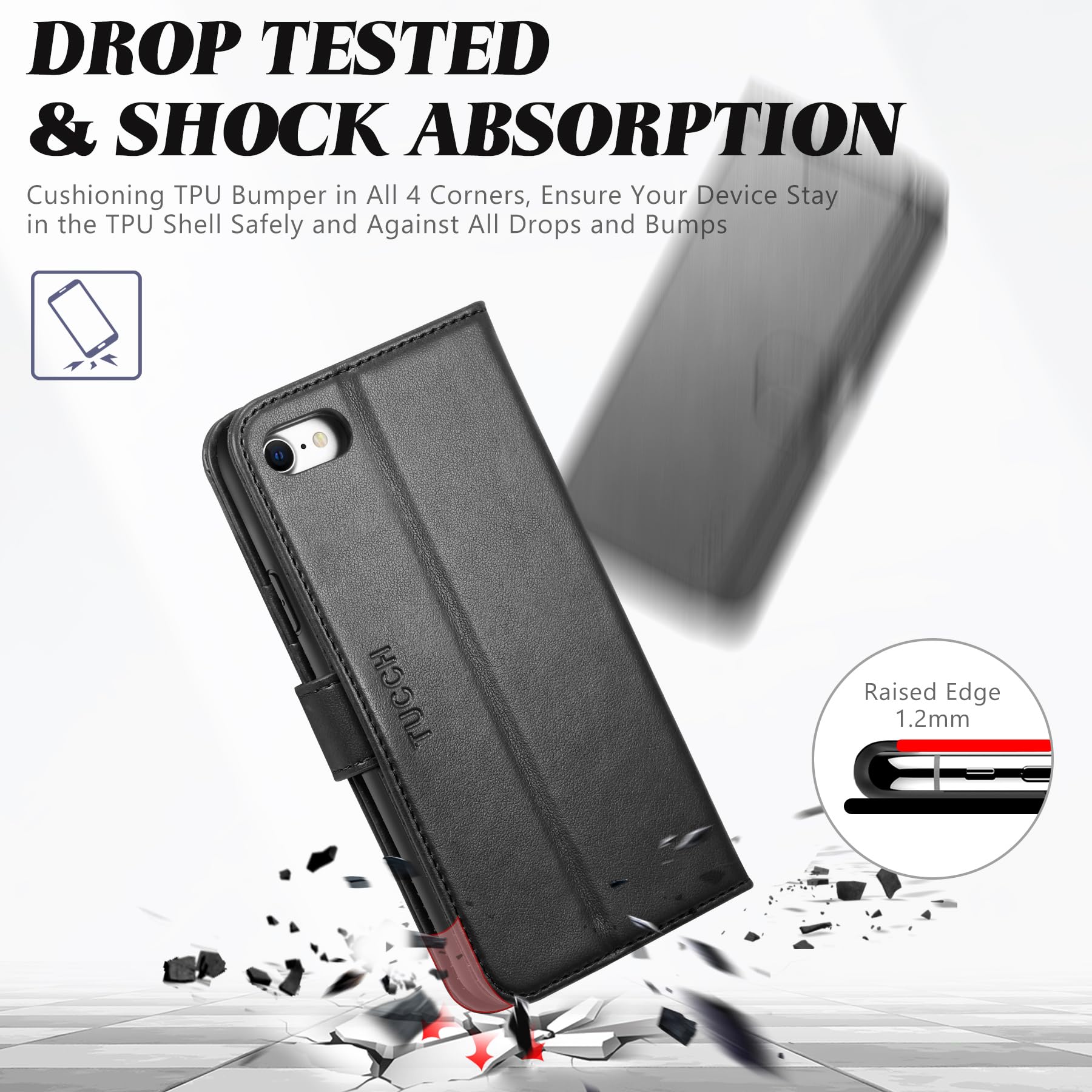 TUCCH Custodia per iPhone SE 2022, per iPhone SE 2020 per iPhone 8, per iPhone 7 Portafoglio Chiusura Magnetica Tasca Carte Portacellulare Antiurto per iPhone SE3/SE2/8/7 (4,7”), Nero