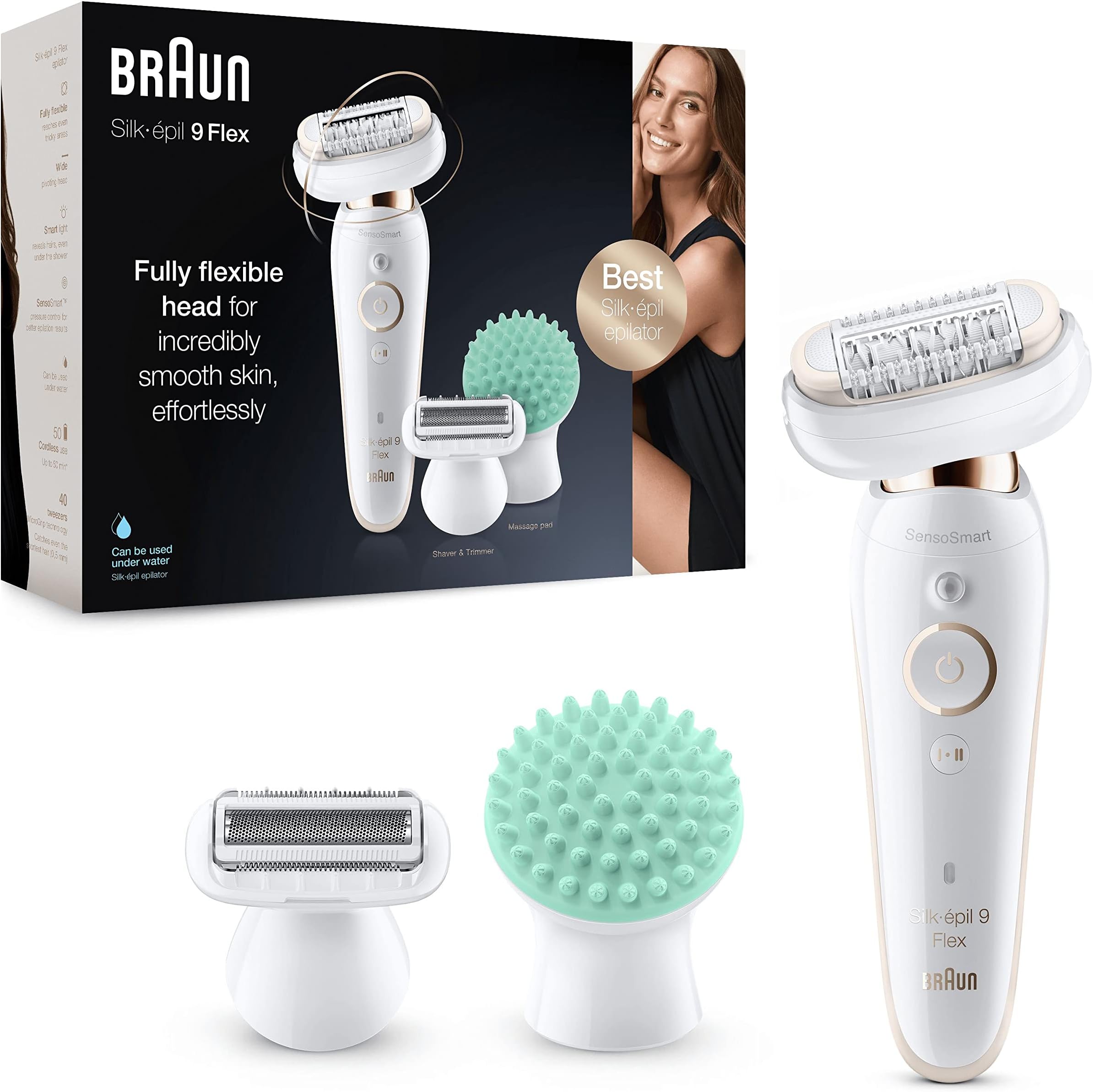 Epilator for Women with Flexible Head for Easier Hair Removal, Cordless Wet & Dry Epilation, Massage Pad, Wide Head with 40 tweezers and Slim Handle, Braun Silk-épil 9 Flex 9-020