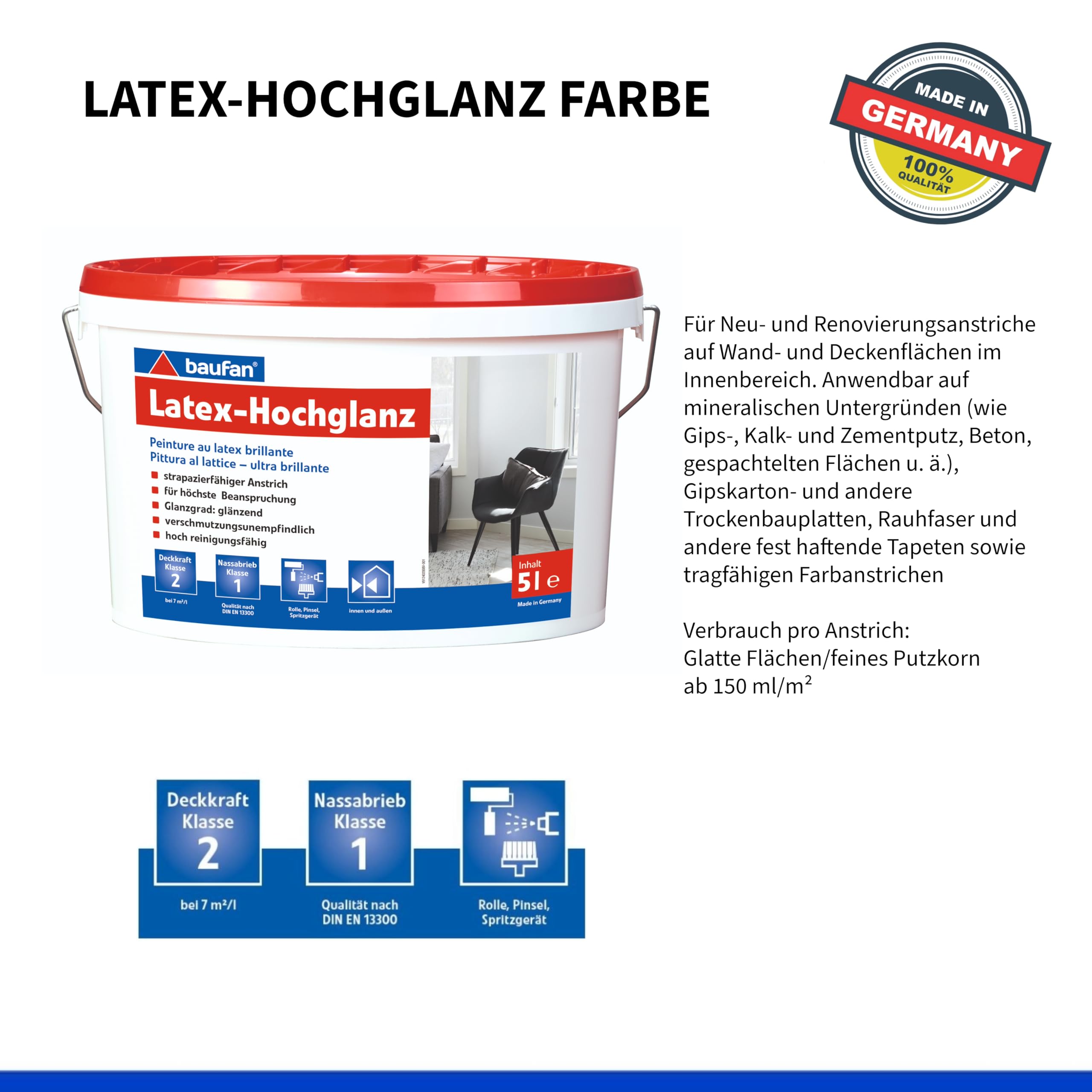 Baufan Latex-Hochglanz Farbe 5l | strapazierfähiger Anstrich | für höchste Beanspruchung | hoch reinigunsfähig | lösemittel- und weichmacherfrei