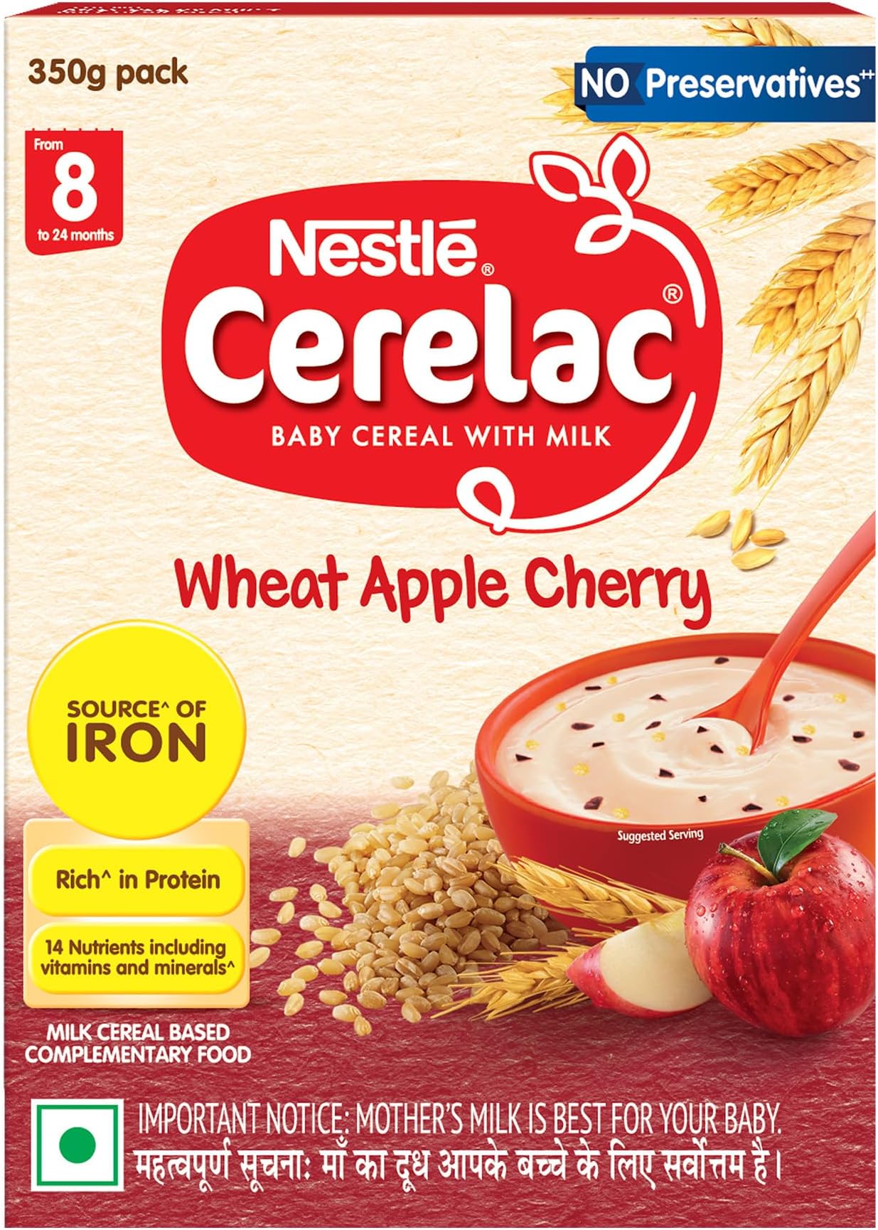 Baby Food Cereal | No Preservatives | Wheat Apple Cherry for 8 to 24 Months Baby | Source of Iron & Protein for Babies | Instant Cereal | 350g (Weight may vary upwards)