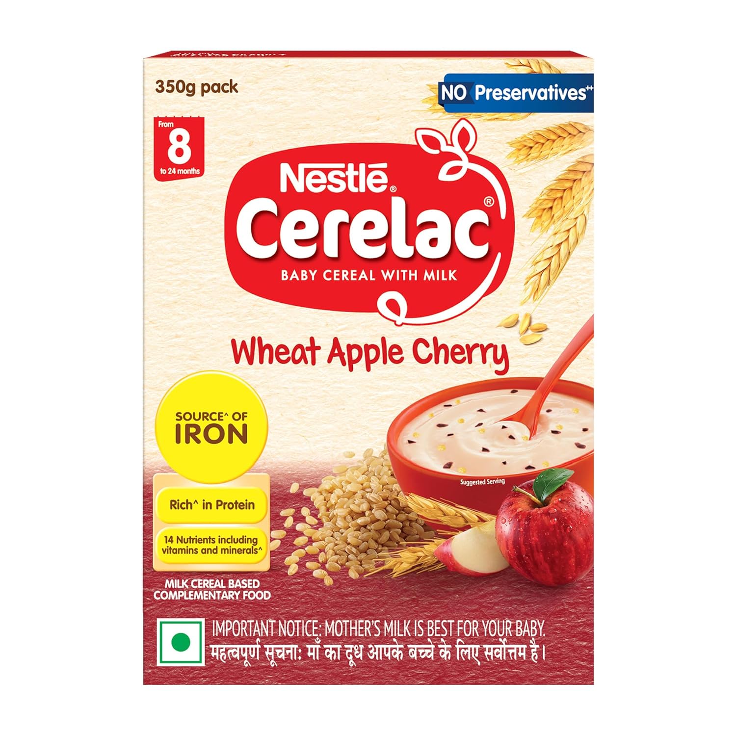 CERELAC Baby Food Cereal | No Preservatives | Wheat Apple Cherry for 8 to 24 Months Baby | Source of Iron & Protein for Babies | Instant Cereal | 350g