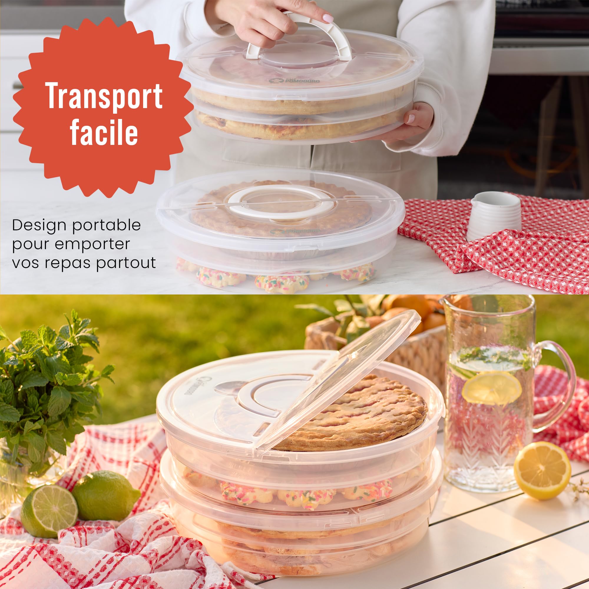 Chef Pomodoro 30,5 cm Boite à Pizza Ronde avec Couvercle, Rangement Compartiments pour Conservation et Transport, Gâteau Transportable Transparent, 2-Pack