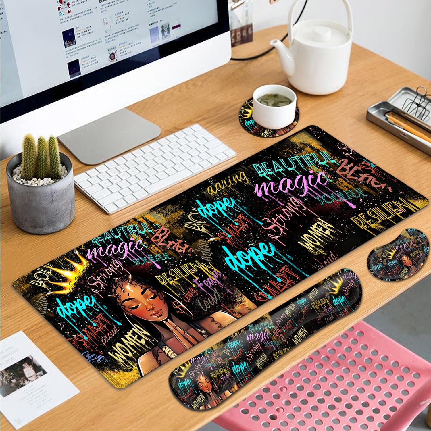 Large Gaming Mouse Pad+ Keyboard Wrist Rest Set, Ergonomics Memory Foam Mouse Mat Wrist Rest Support, Waterproof Extended Mousepad 31.5x11.8in, African American Black Women Graffiti Girl Desk Pad