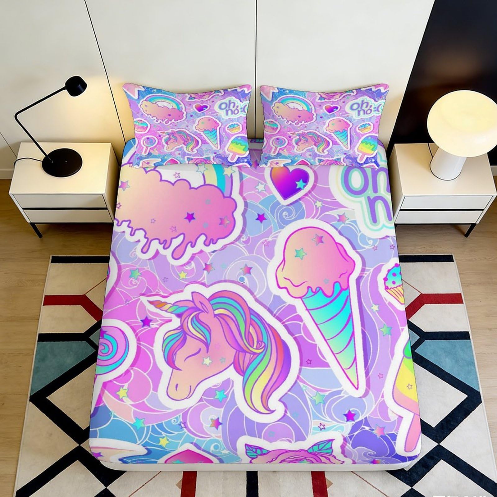 3D Printed Unicorn Fantasy Fitted Sheet Microfiber Non-Slip Deep Pocket Bedroom Bedding Unicorn Mattress Fitted Cover Washable 140x200x25cm