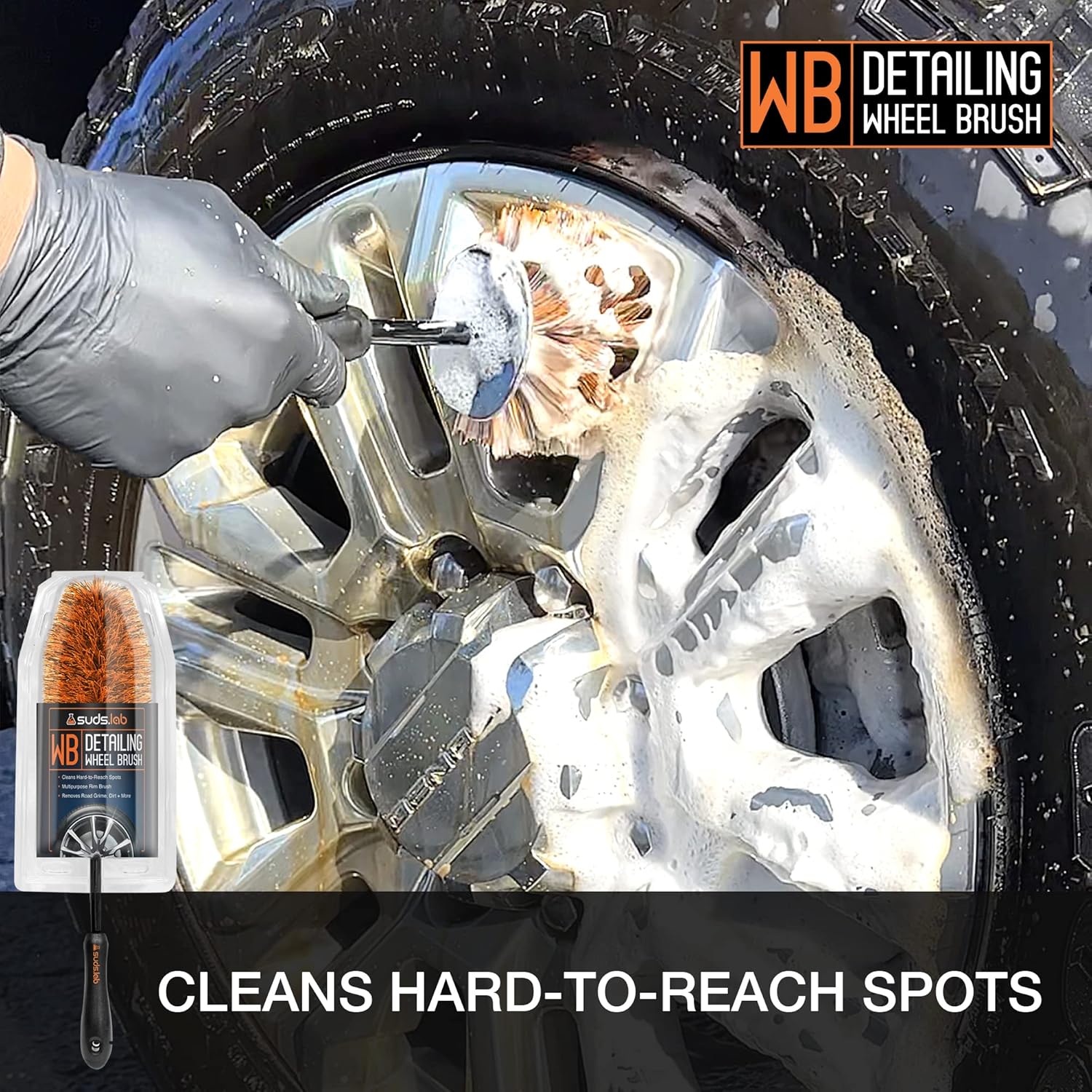 Suds Lab WB Wheel Cleaning Brush - Multipurpose Rim and Wheel Brush - Clean Hard to Reach Spots - 15" Total Length