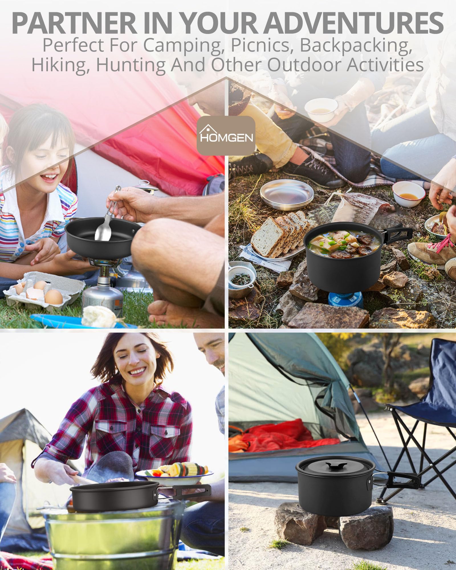 Utensilios de Cocina para Camping HOMGEN Juego de Ollas y Sartenes para Acampar Juego de Cocina de Aluminio para 1-2 Kit Camping con Cubiertos para Estufa de Gas para Camping, Picnic, Senderismo, etc.