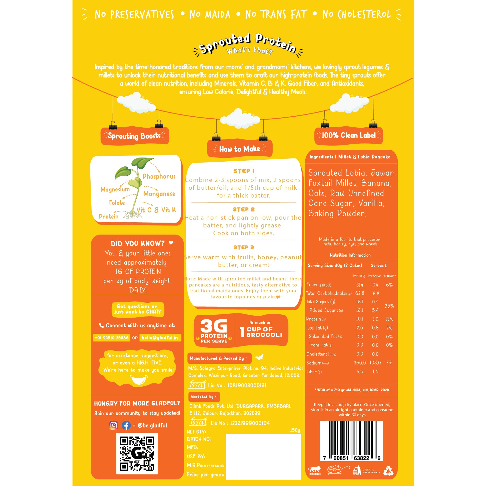 Gladful Banana Millet Pancake, No Maida, No Palm Oil, No Refined Sugar, Gluten Free, High Protein, Low Carbs, Low GI Millet Grain, Eggless 150 Grams - Pack of 1 - Image 7 thumbnail