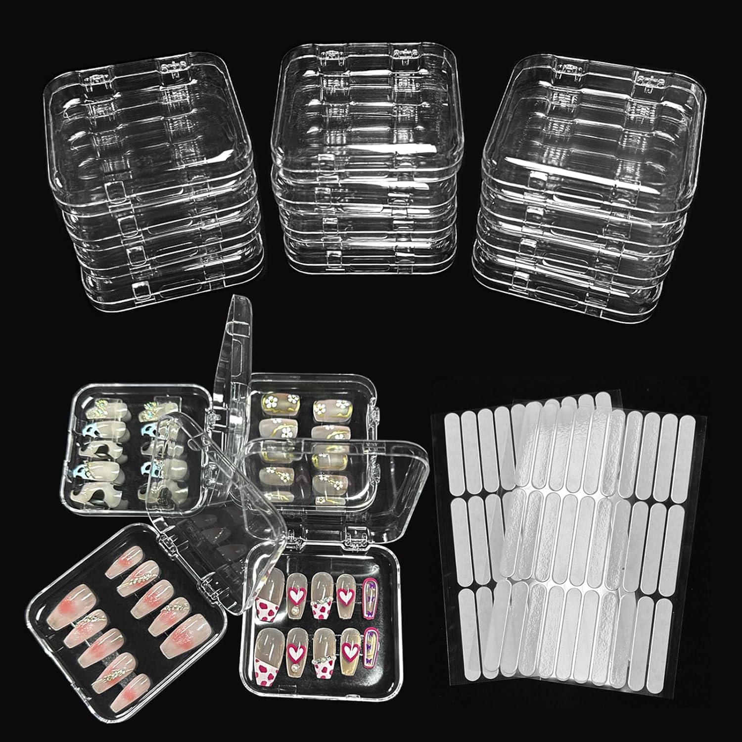 12pcs Press on Nail Storage Boxes with 60 Pcs Adhesive Double Sided Tape Clear Acrylic Nail Display Box False Nails Box Organizer Fake Nails Case Transparent Nails Packaging Boxes for Nail Salon Home