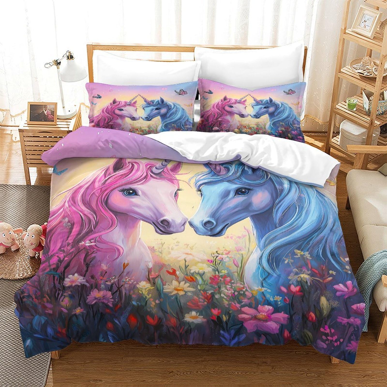 Einhorn-Pärchen 3D-Bedruckt 3er-Set Bettbezug Fantasy Kuschelbezug Mikrofaser Reißverschluss Hypoallergen für Kleinkinder Jugendliche Mädchen Super King（260x220cm）