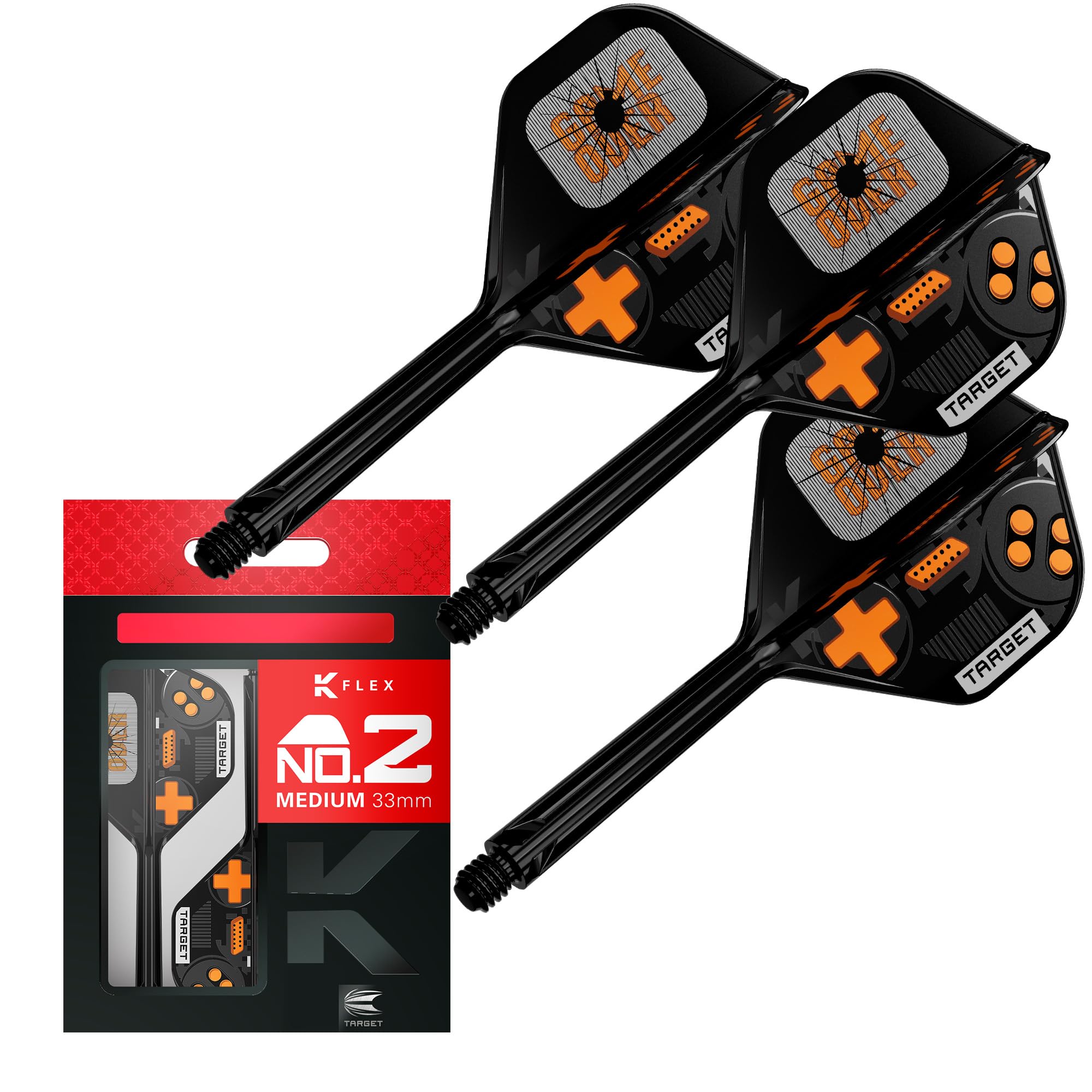 Target Darts K-Flex Game Over Dart Flights & Shafts, No.2 (Medium, 33mm) | Pack of 3 Kflex Integrated Flight & Shaft System, All In One Moulded Stem | Professional Dart Accessories