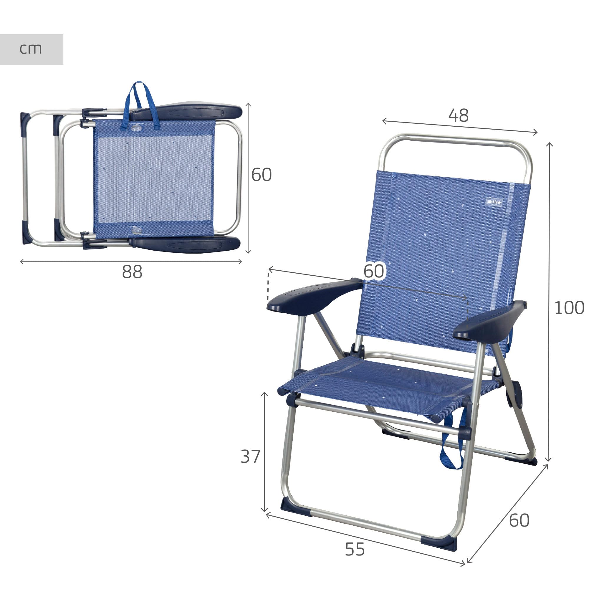 AKTIVE Chaise de Plage Pliable, 65 x 60 x 38/96 cm, Dossier inclinable, réglable 4 Positions, Structure en Aluminium, Tissu textilène, Anti-retournement, Max. 110 kg, Couleur Bleue, modèle La Palma