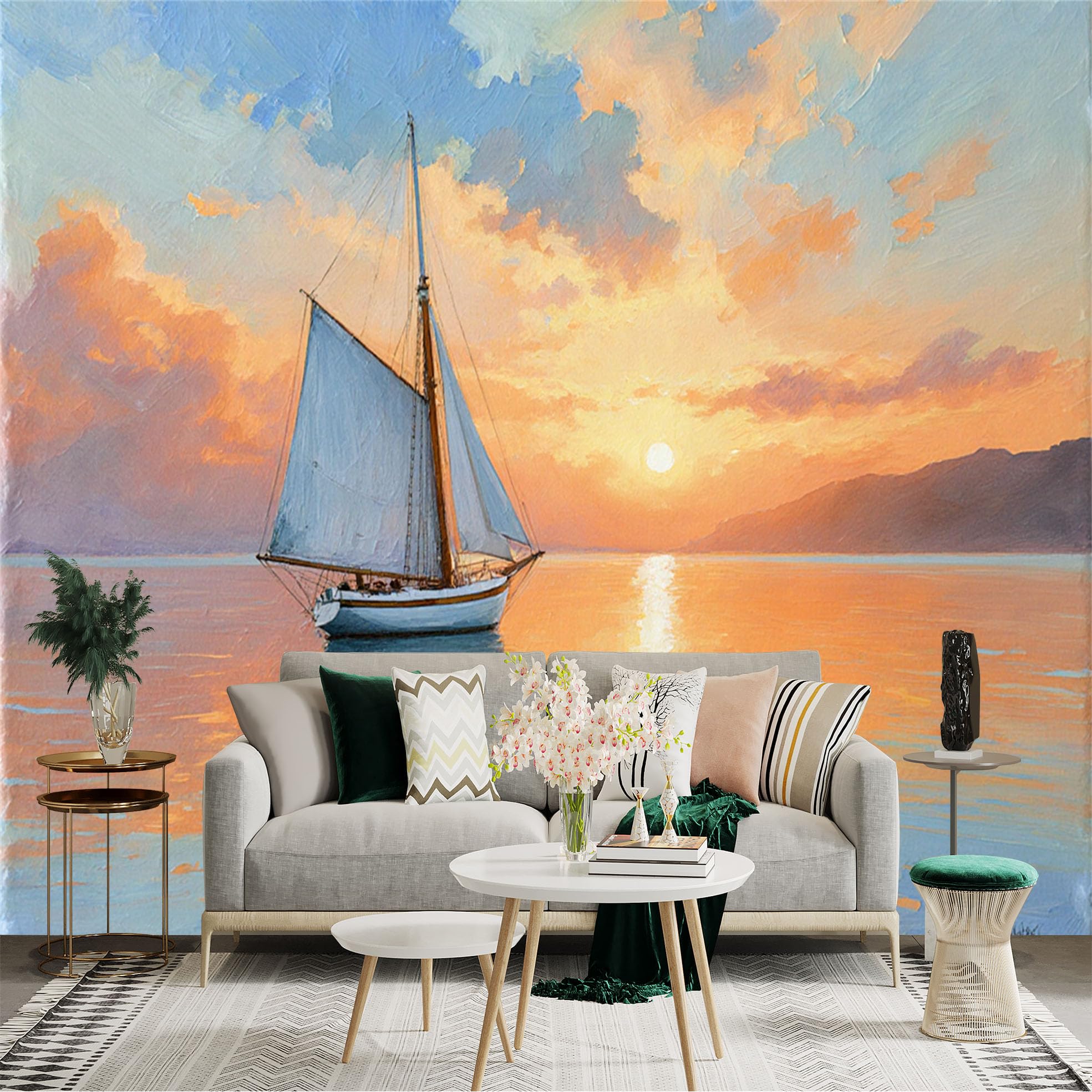 Lnzczhyre Xc260505274 Custom Size Wall Sticker Mural， Sailboat At Sunset， Calm Ocean Scenery， Oil Painting Style Art， Golden Hour Seascape， For Wall Decoration， Peelandstick Wall Decals.