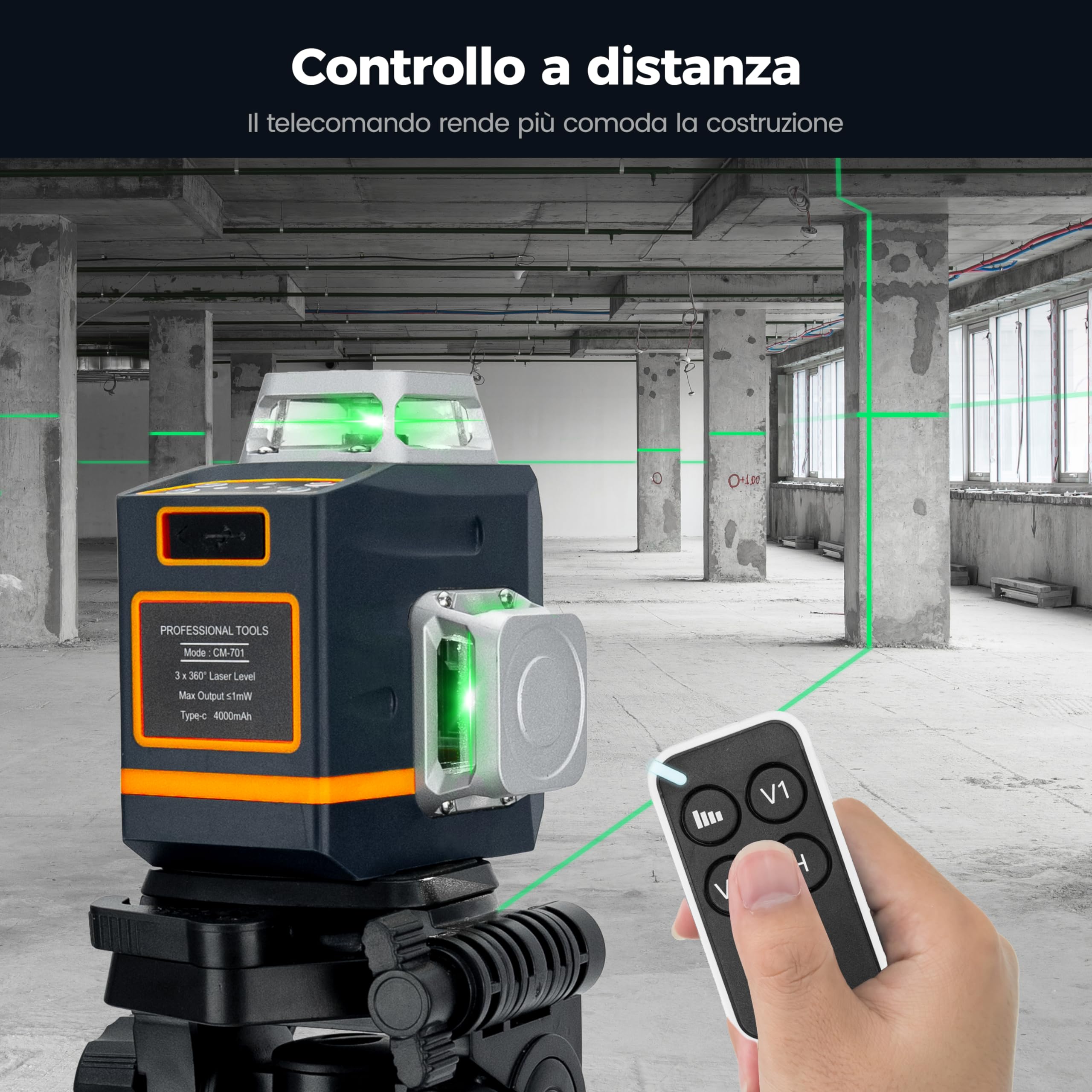Livella Laser Autolivellante 3x360°, CIGMAN Livello Laser, Gamma di Lavoro: 30M, con Telecomando, Supporto Magnetico e Rotante, Batteria Incorporata dello Li-ione