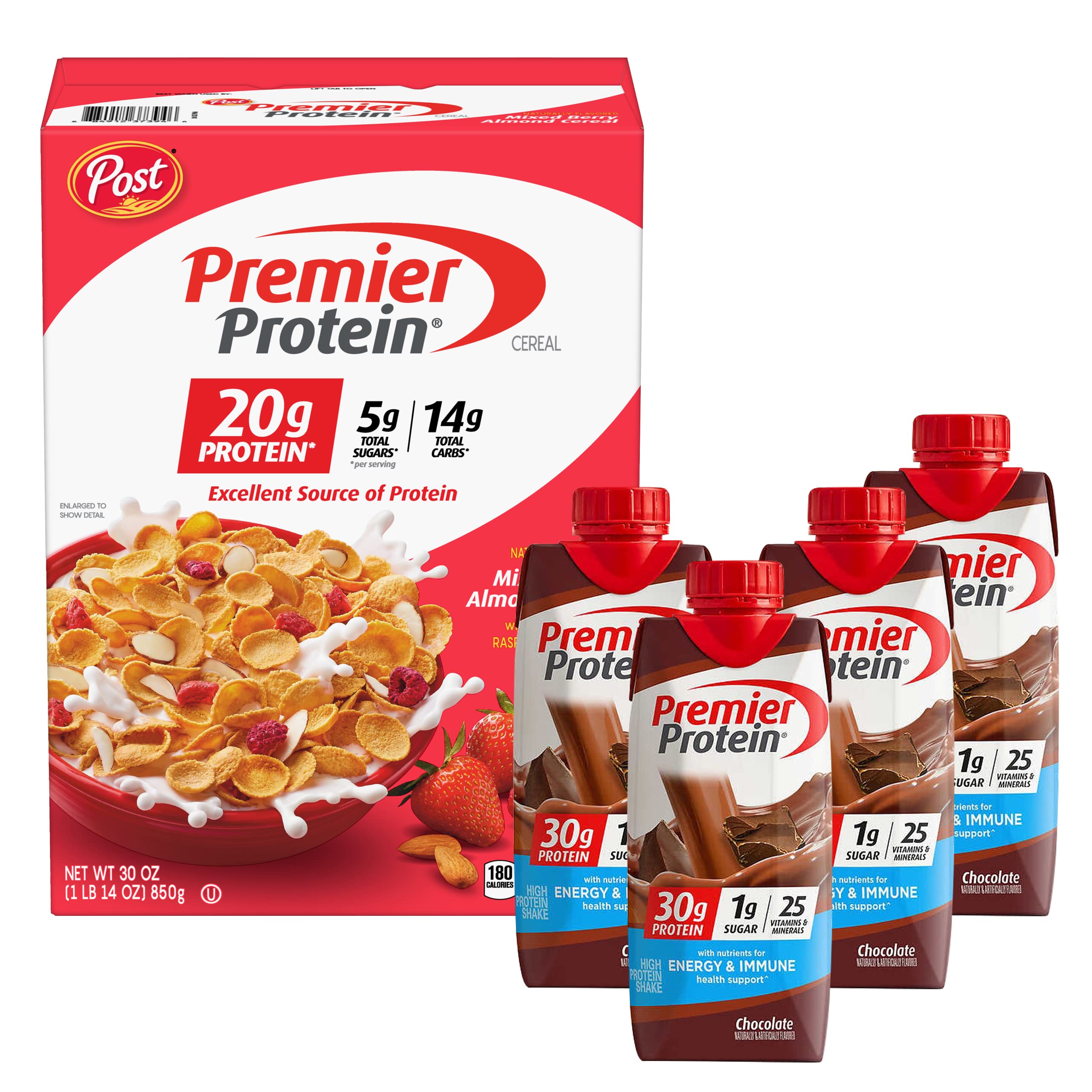 Premier Protein Shake and Cereal Variety Pack - 1 Box of Cereal, 4 Premier Protein - Chocolate Shake
