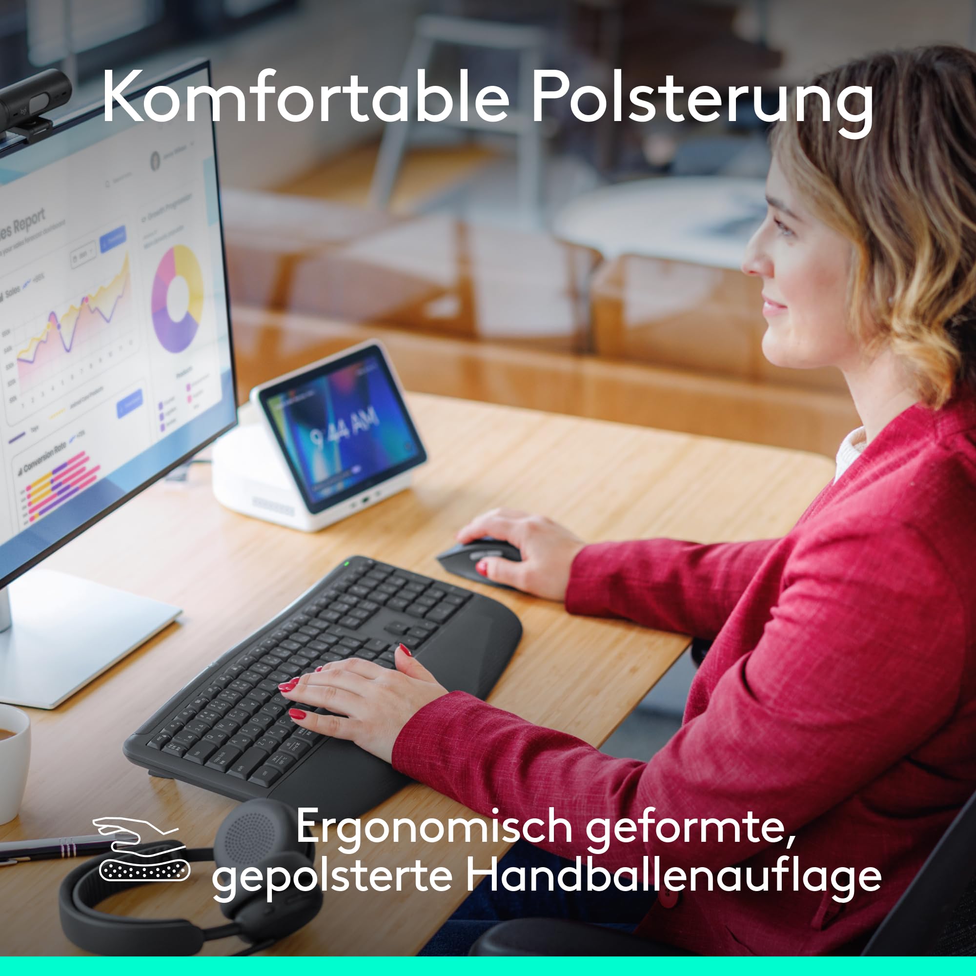 Logitech Signature Comfort Plus Combo MK880 for Business | Kabellose Tastatur & Maus, Handballenauflage, leise Klicks, Bluetooth, Windows/macOS, DEU QWERTZ - Graphit