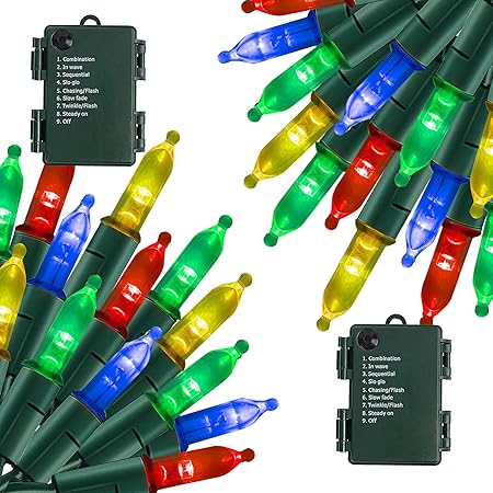 NEROSUN Multi-Colored Battery Operated Christmas Lights, 2 Pack 50 LED 16FT Waterproof String Christmas Tree Lights with 8 Modes, Xmas Decorations for Indoor Outdoor Yard Wedding Home Decor