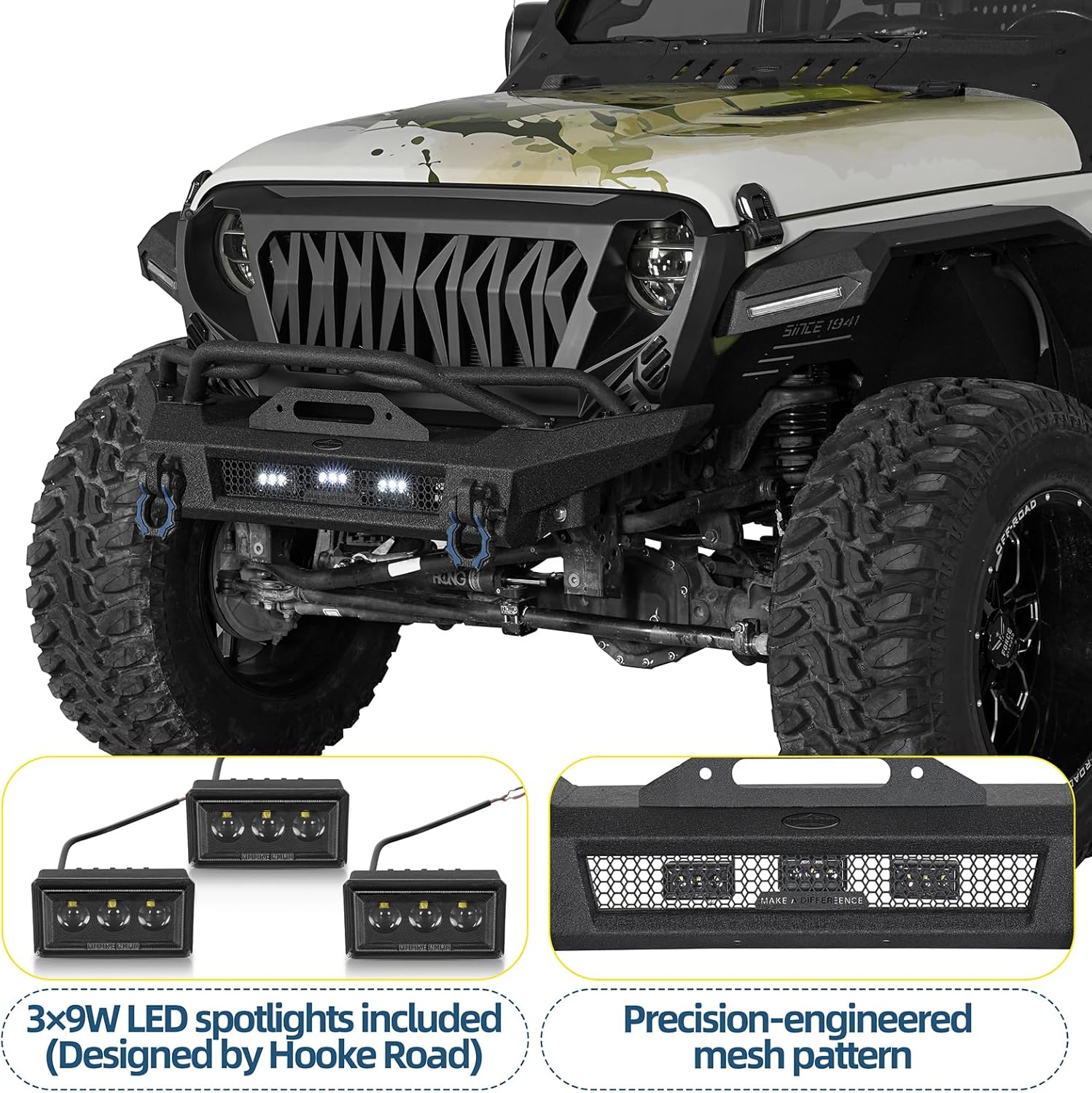 Hooke Road Stubby Front Bumper for 2018-2026 Jeep Wrangler JL & Gladiator JT 2/4 Doors, Offroad Steel Bumper with Winch Plate, Bright Lights, D-rings and Tubular Grille Guard