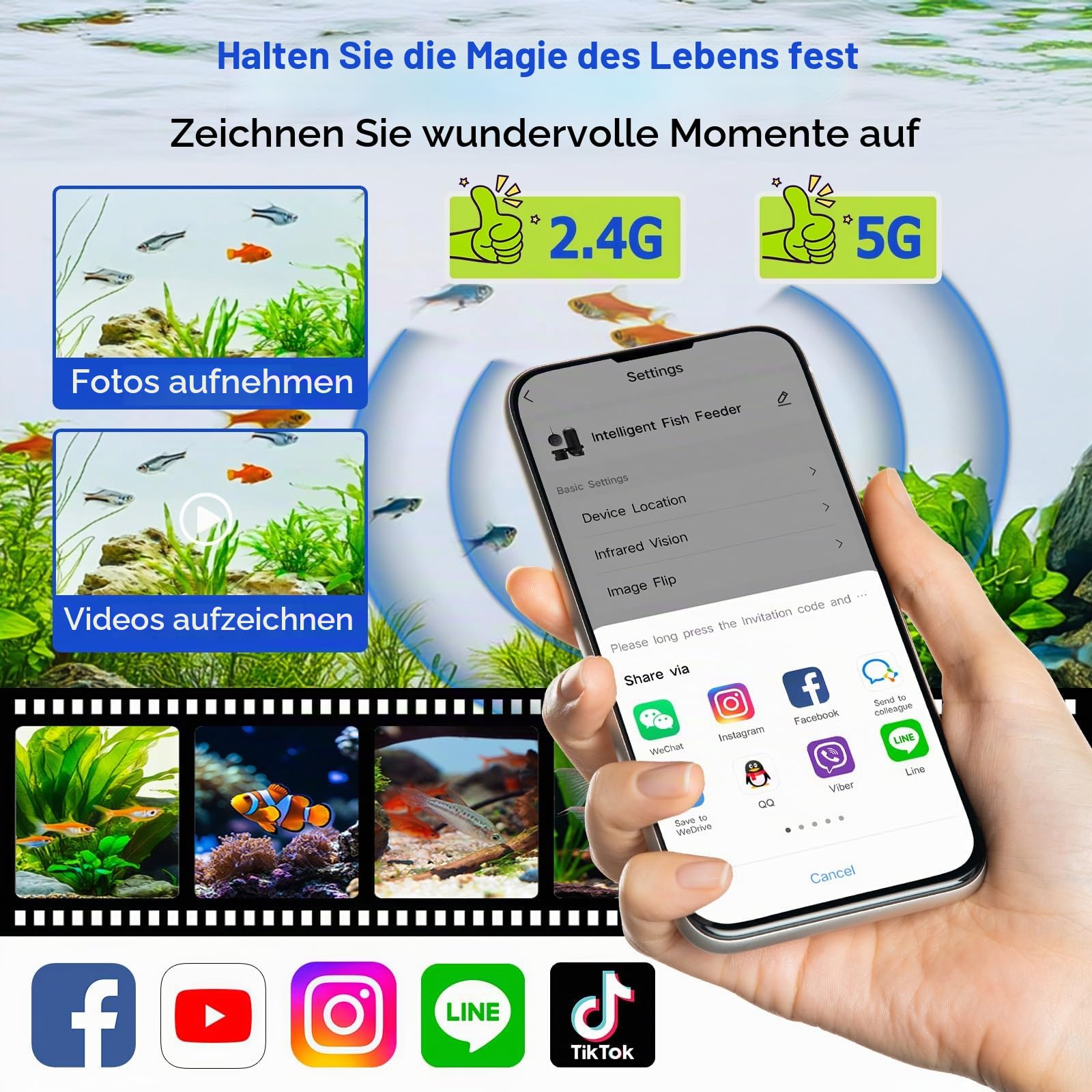 hygger WiFi Automatischer Futterspender Fische, Fischfutterautomat für Aquarium mit APP Control, Fish Feeder Automatic mit Kamera, 230ML Large Capacity USB Fish Food Dispenser for Weekend Holiday