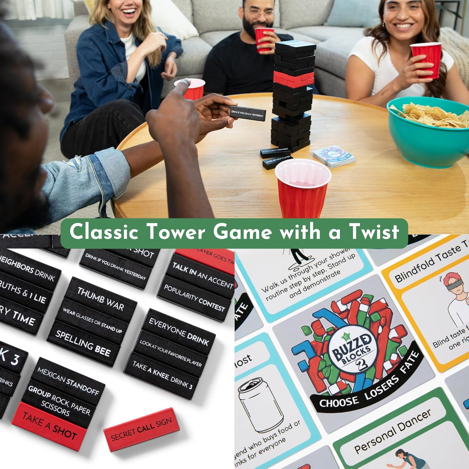 Buzzed Blocks Ultimate Party Tower with Hilarious Games and Commands | Classic Stacking Game with Fun Original Rules | Funny Entertaining Party Game for Adults 21+