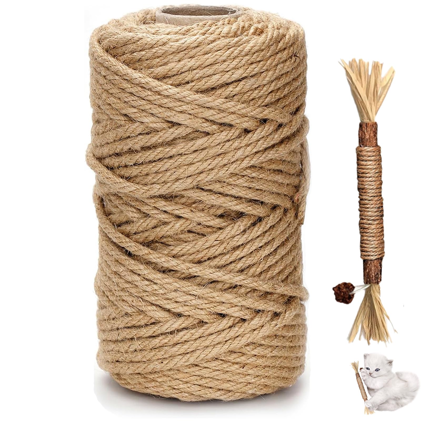 Win Change Natural Sisal Rope for Cat Scratcher - 100ft x 1/4" Durable Hemp Rope & Twine Cat Toy with Catnip, Includes Free Silvervine Sticks,