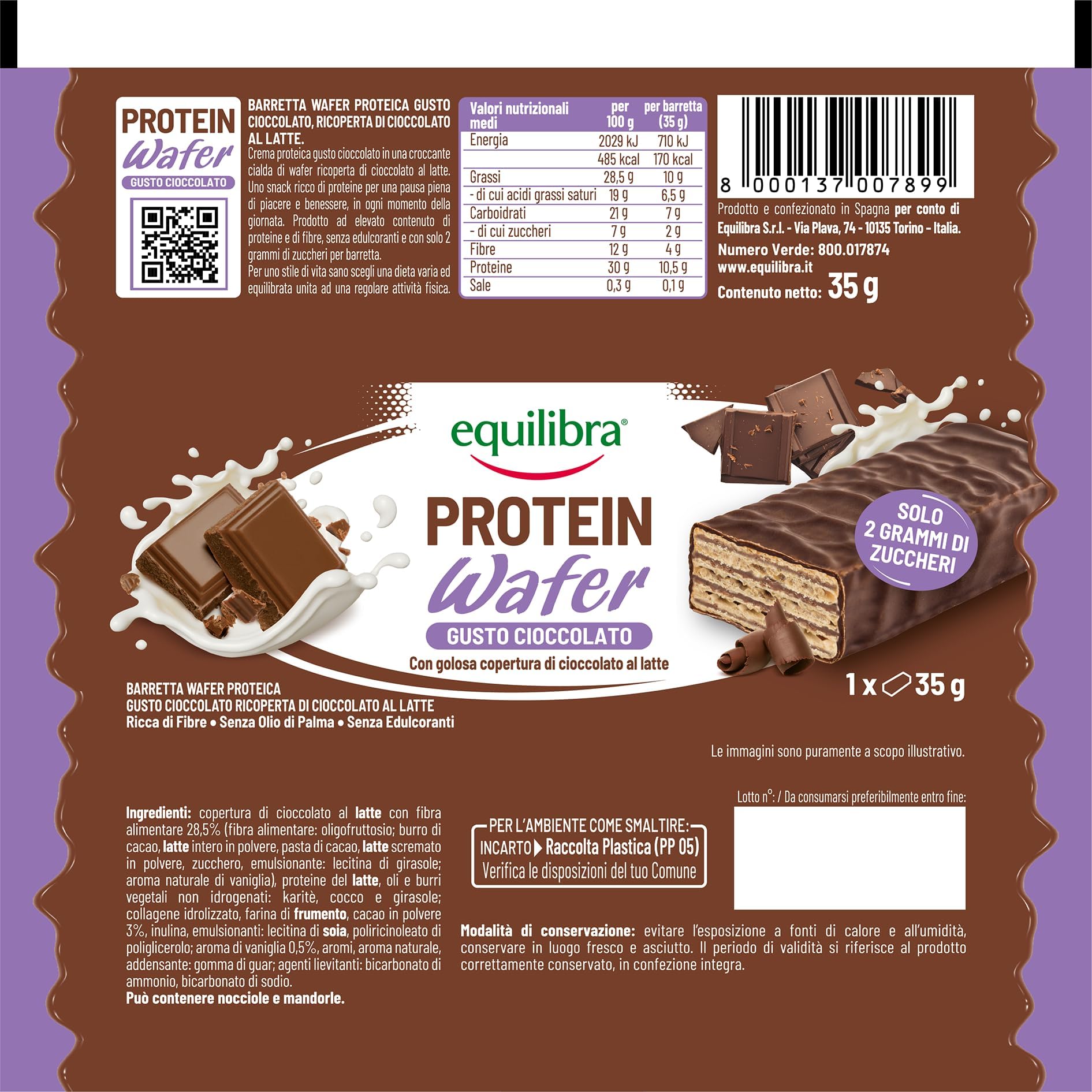 Equilibra Alimenti Proteici, Barrette Proteiche Wafer, Protein Wafer, 25 x 35 g, Gusto Cioccolato, Ricoperte di Cioccolato al Latte, Ricche di Fibre, Senza Edulcoranti, 2g Zuccheri per Barretta
