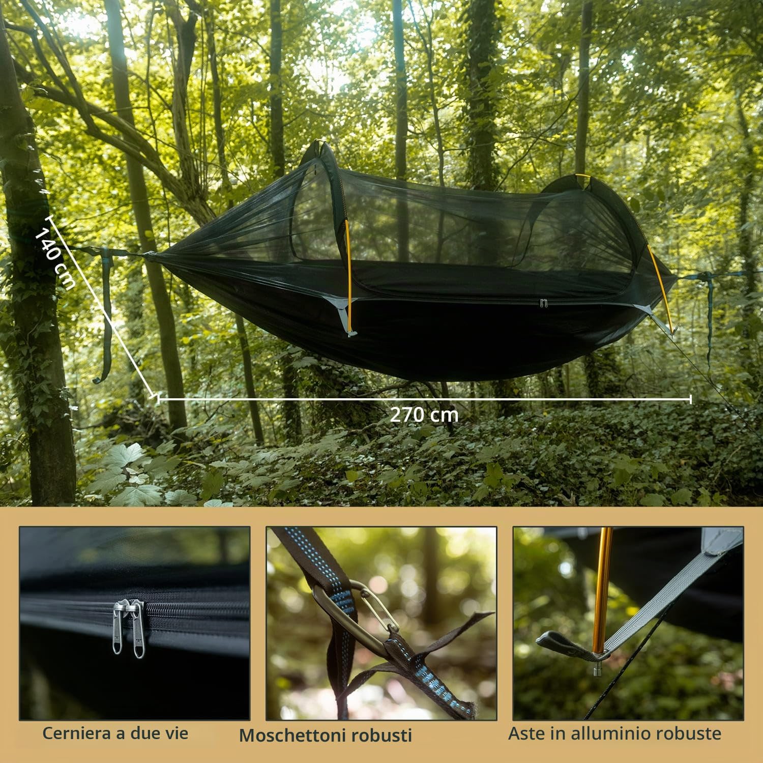 Skandika Tenda amaca Rian | Amaca da esterno con zanzariera, portata 200 kg, ultraleggera, in nylon, traspirante, set da appendere all'albero
