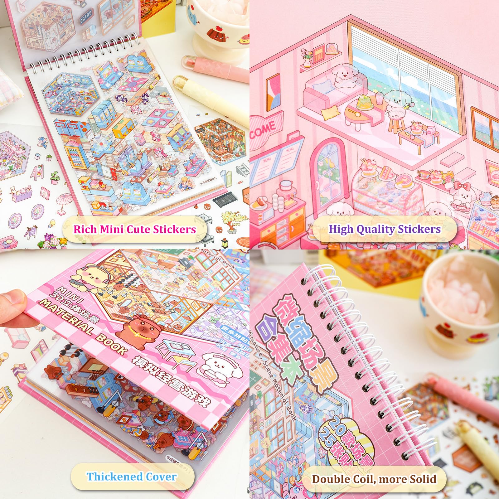6 Sets DIY 3D Stickers Scene Book - Cute House Room Stickers For Kids Adults, Reusable Korean Cartoon Sticker Kit